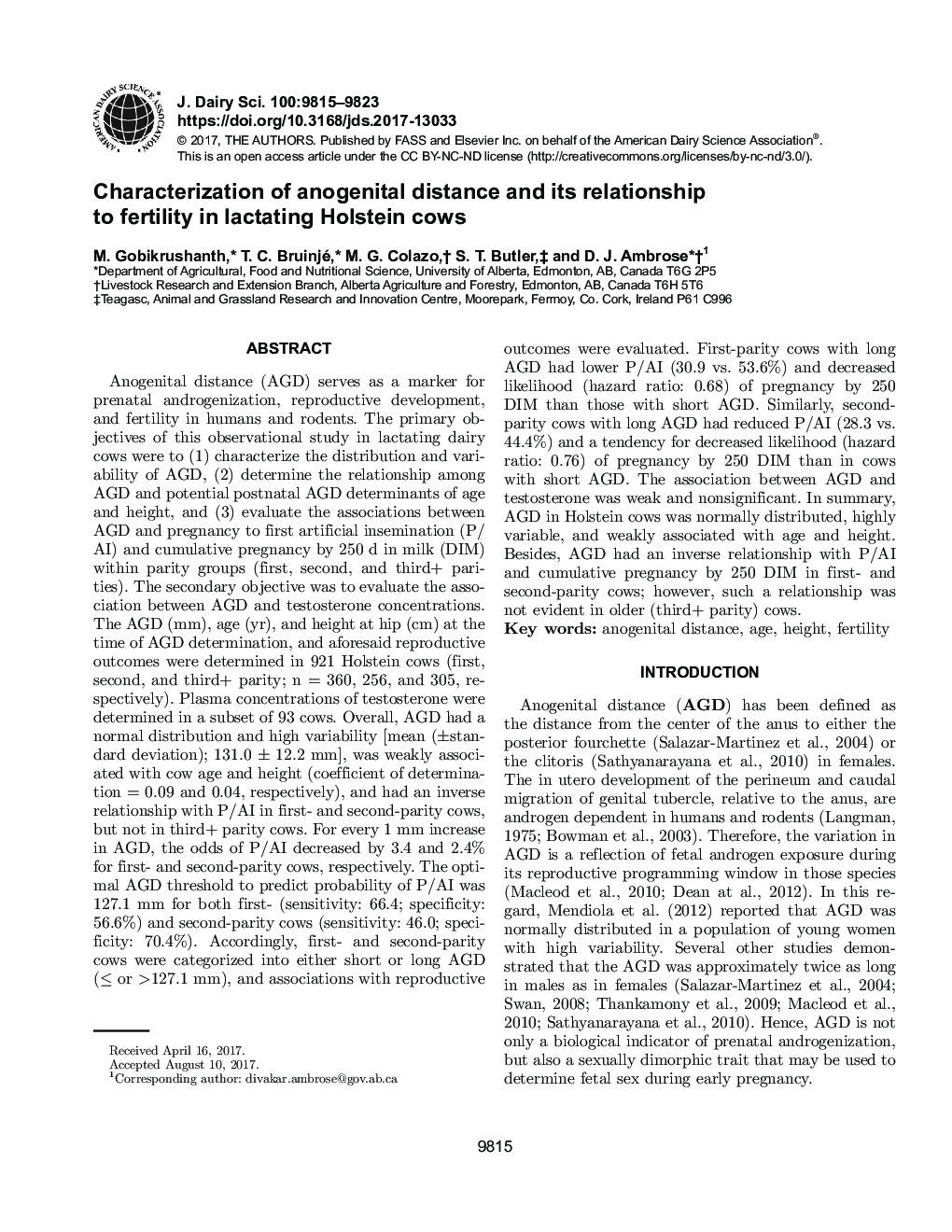 Characterization of anogenital distance and its relationship to fertility in lactating Holstein cows