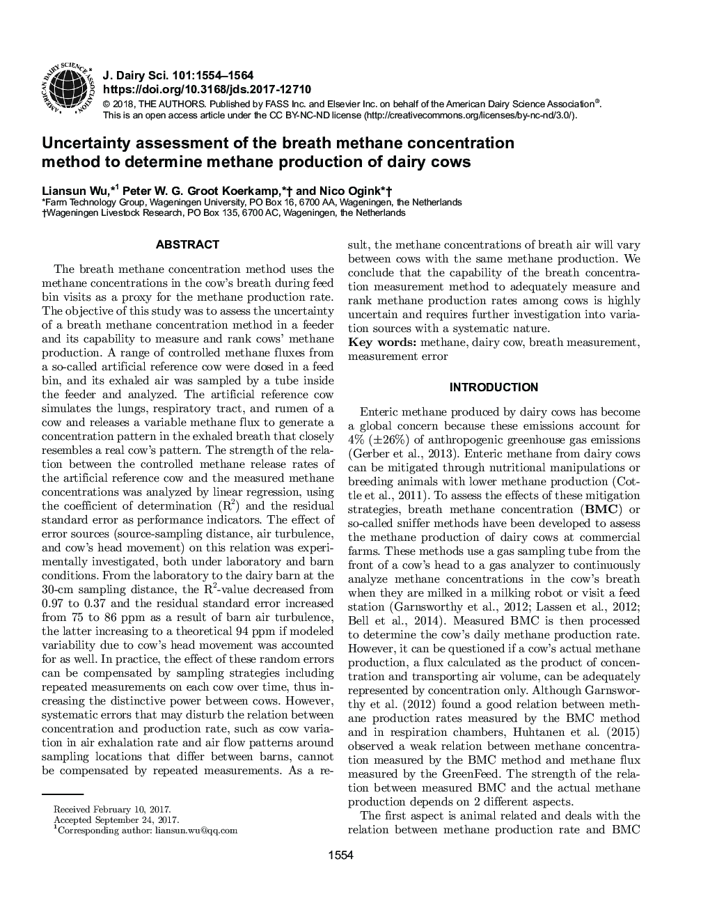 Uncertainty assessment of the breath methane concentration method to determine methane production of dairy cows