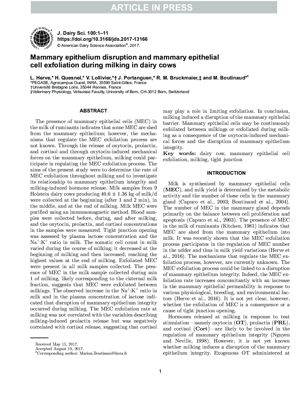 Mammary epithelium disruption and mammary epithelial cell exfoliation during milking in dairy cows