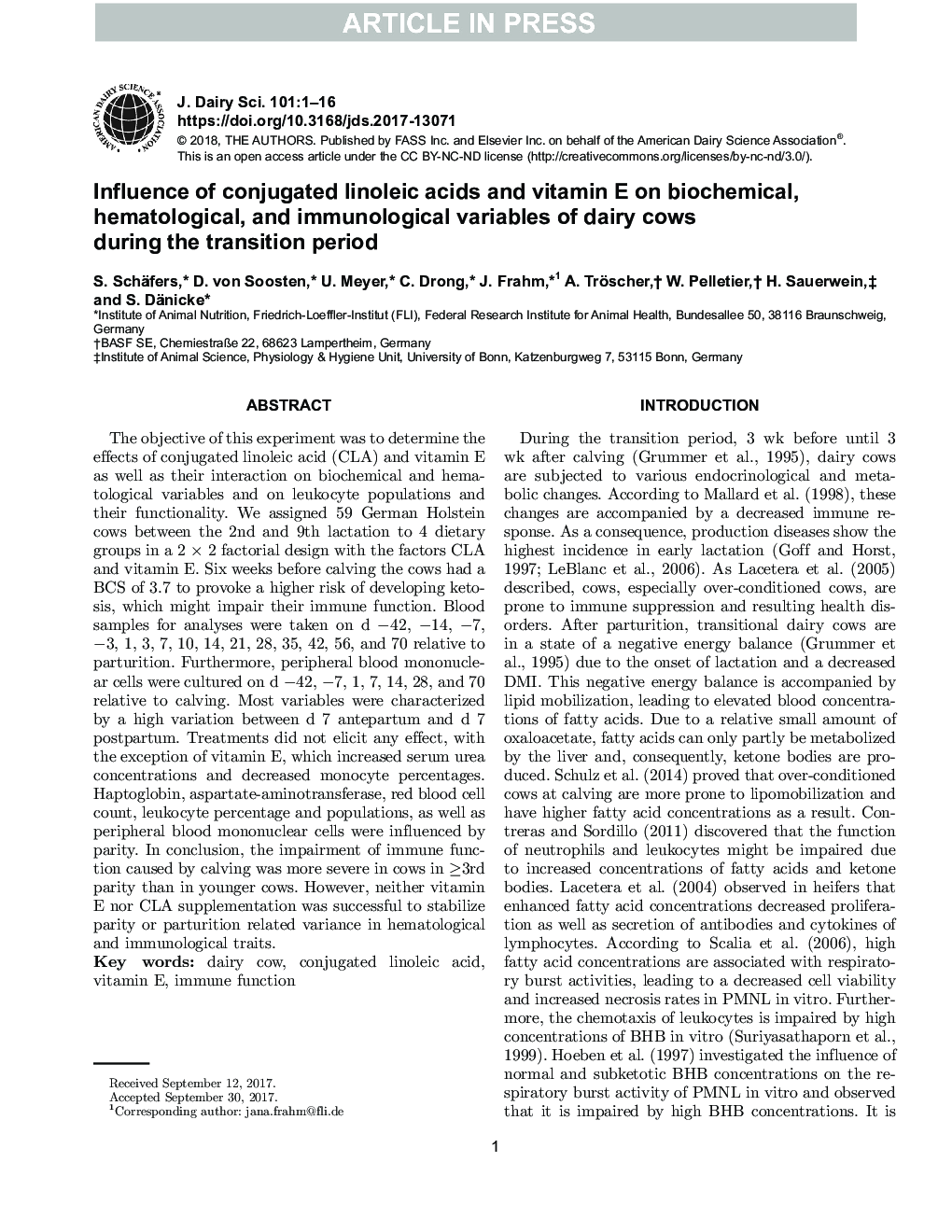 Influence of conjugated linoleic acids and vitamin E on biochemical, hematological, and immunological variables of dairy cows during the transition period