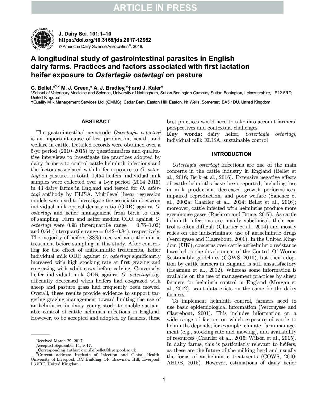 A longitudinal study of gastrointestinal parasites in English dairy farms. Practices and factors associated with first lactation heifer exposure to Ostertagia ostertagi on pasture