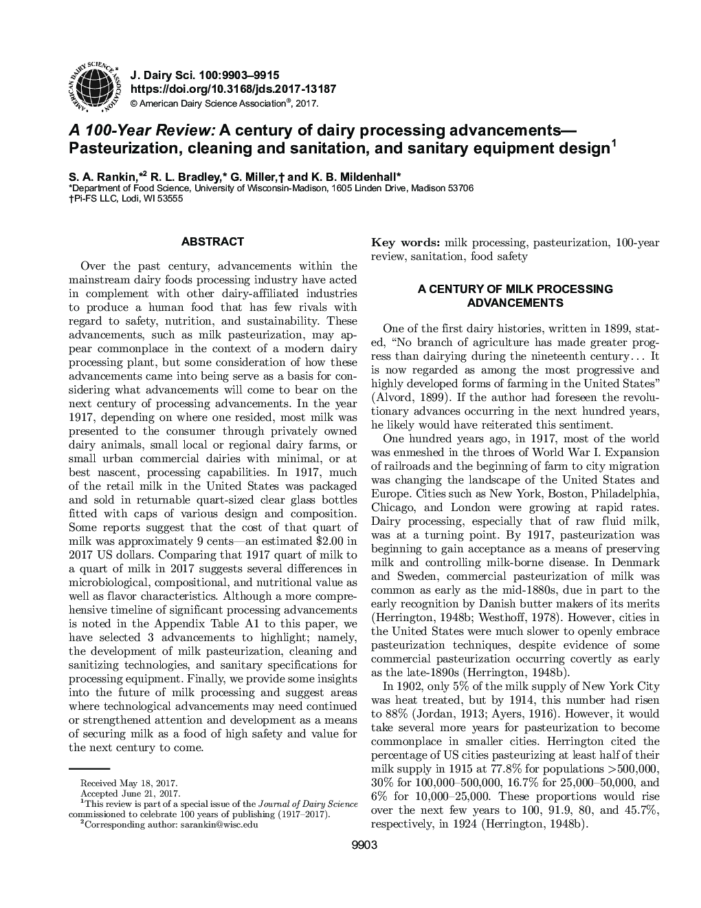 A 100-Year Review: A century of dairy processing advancements-Pasteurization, cleaning and sanitation, and sanitary equipment design