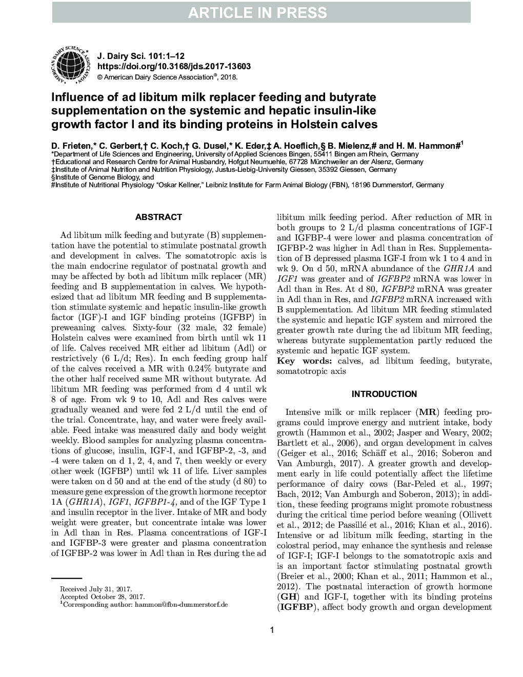 Influence of ad libitum milk replacer feeding and butyrate supplementation on the systemic and hepatic insulin-like growth factor I and its binding proteins in Holstein calves