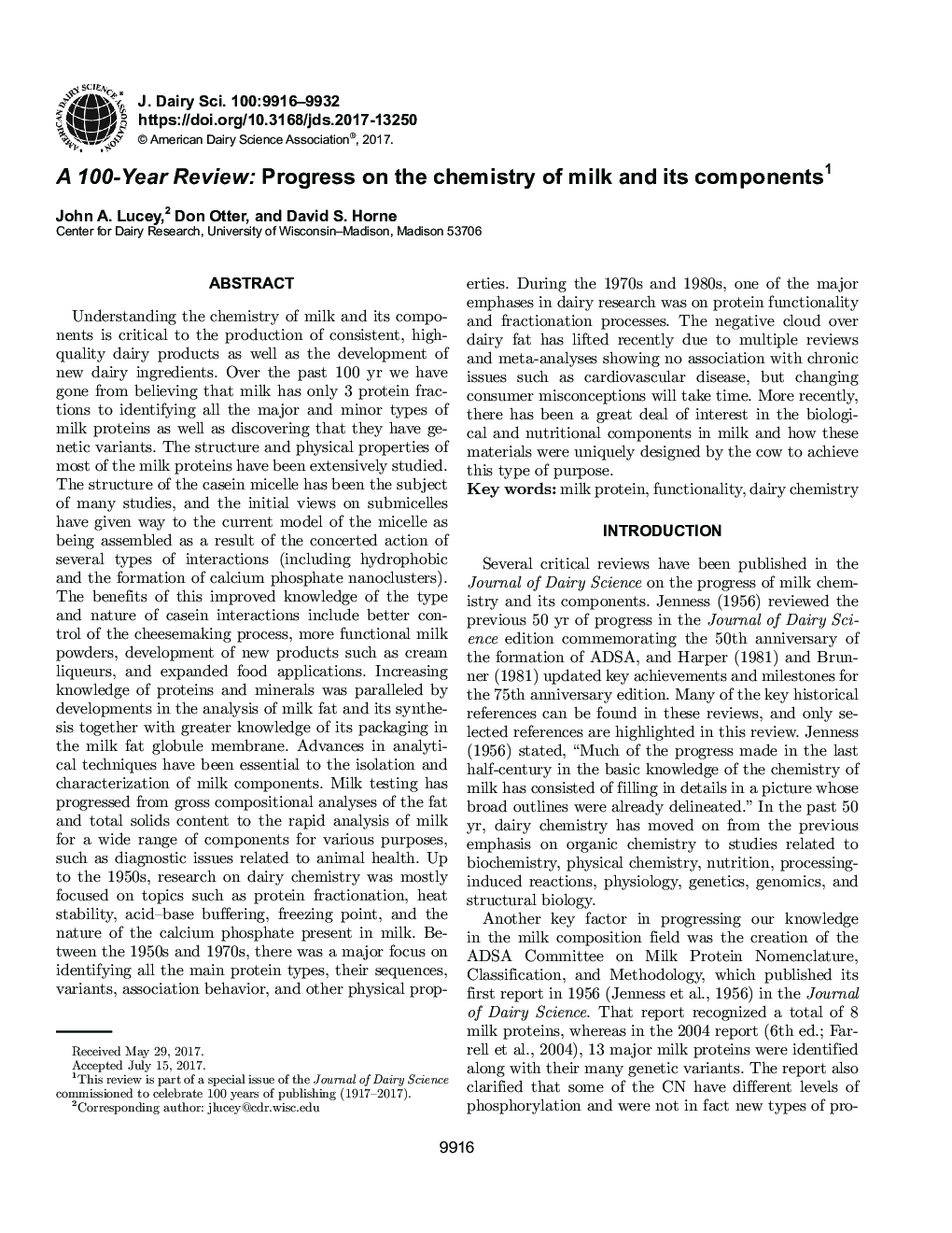 A 100-Year Review: Progress on the chemistry of milk and its components
