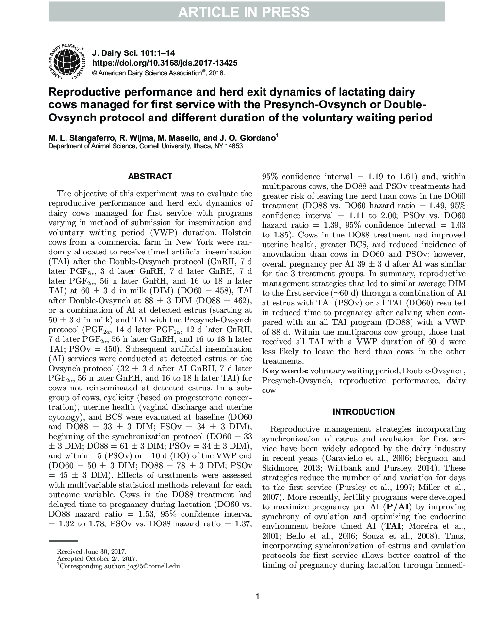 Reproductive performance and herd exit dynamics of lactating dairy cows managed for first service with the Presynch-Ovsynch or Double-Ovsynch protocol and different duration of the voluntary waiting period