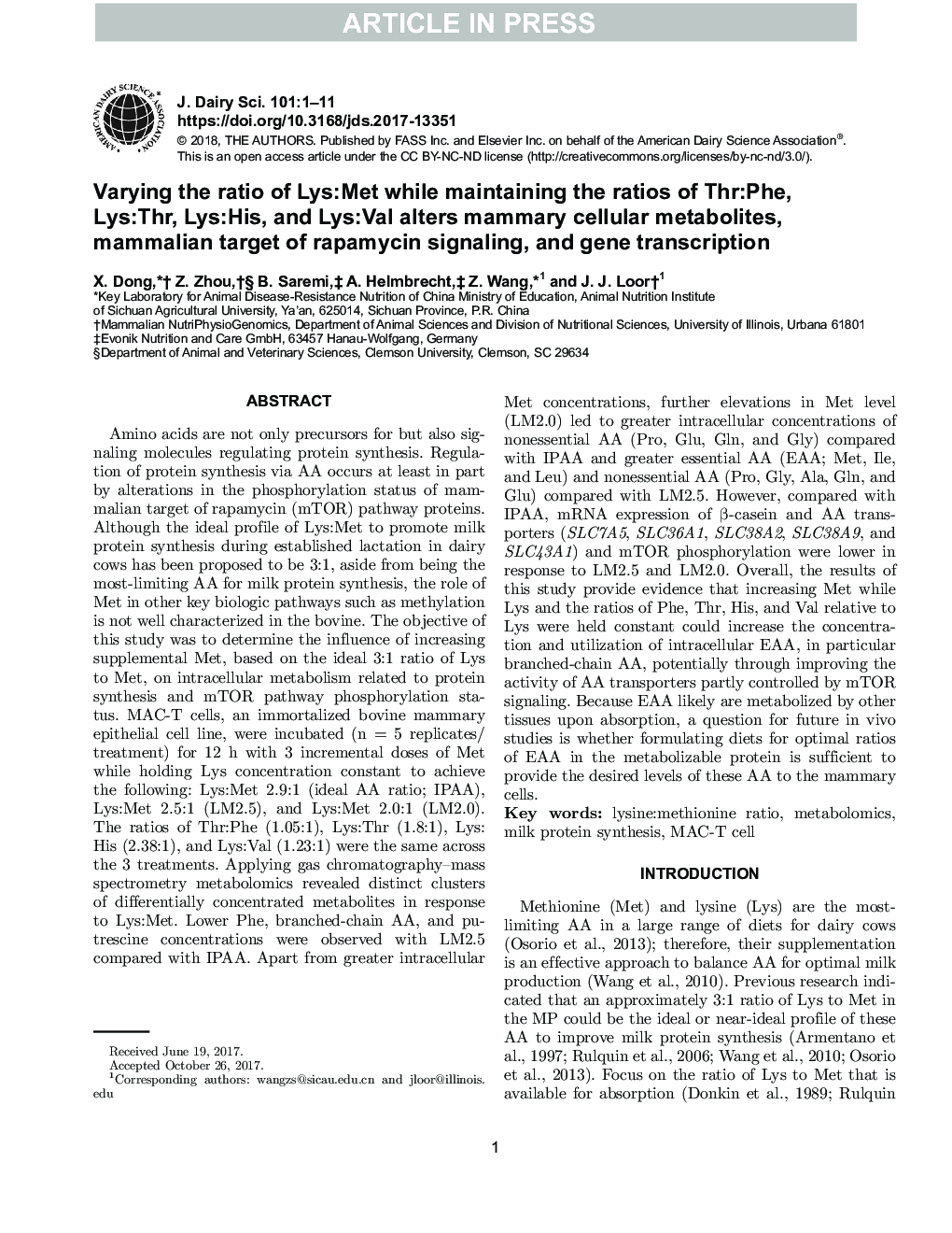 Varying the ratio of Lys:Met while maintaining the ratios of Thr:Phe, Lys:Thr, Lys:His, and Lys:Val alters mammary cellular metabolites, mammalian target of rapamycin signaling, and gene transcription