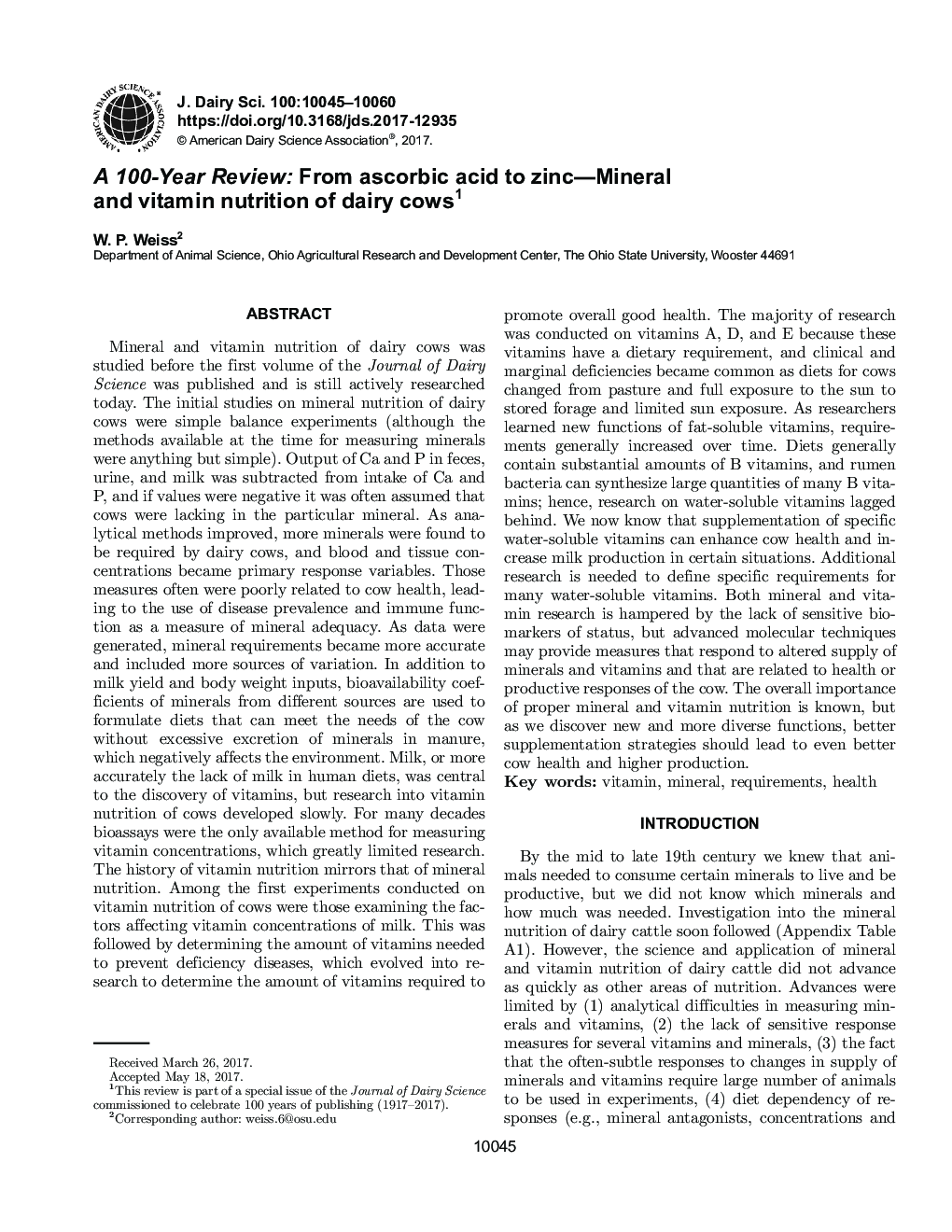 A 100-Year Review: From ascorbic acid to zinc-Mineral and vitamin nutrition of dairy cows