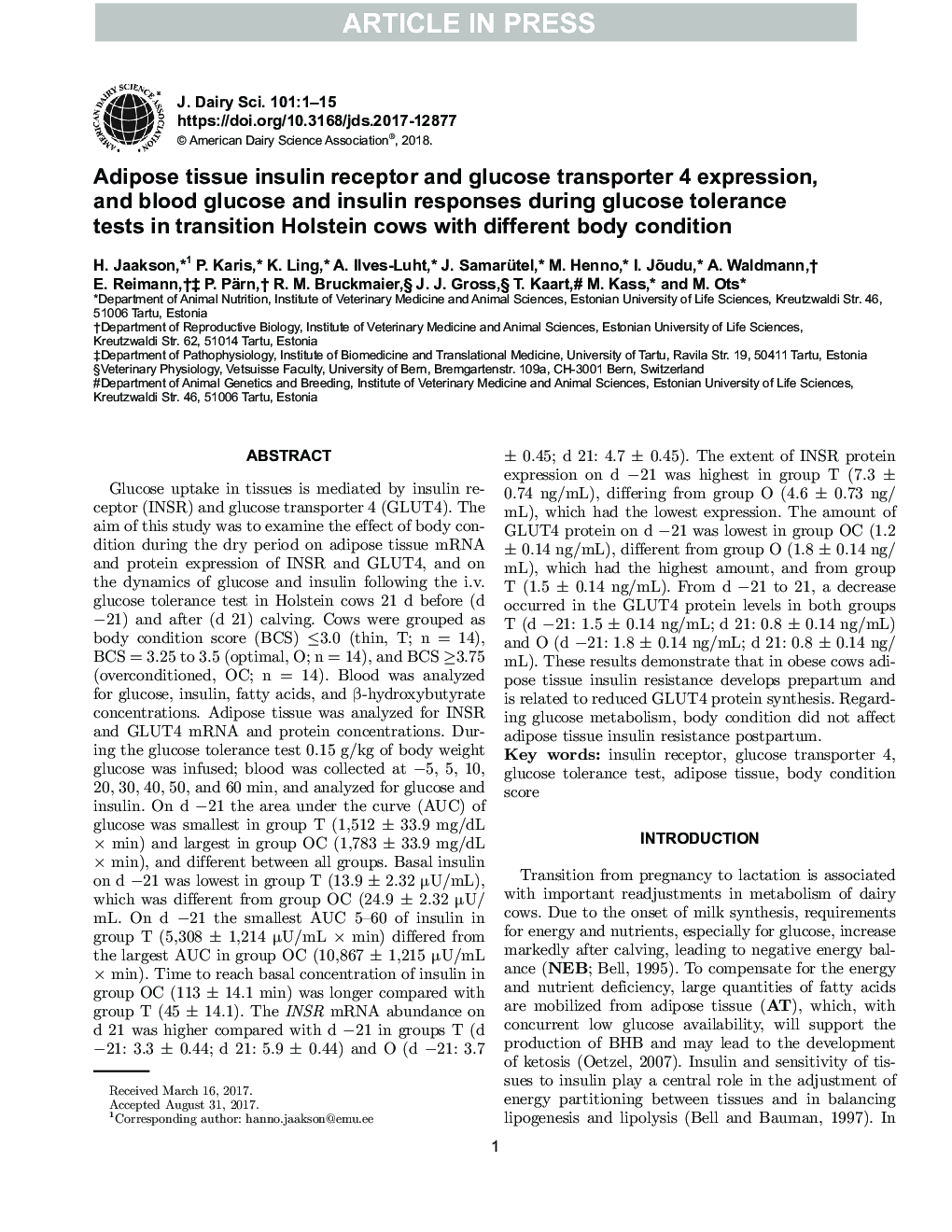 Adipose tissue insulin receptor and glucose transporter 4 expression, and blood glucose and insulin responses during glucose tolerance tests in transition Holstein cows with different body condition