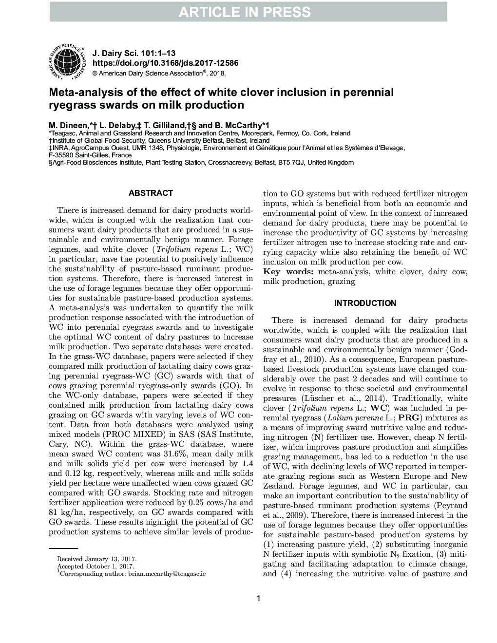 Meta-analysis of the effect of white clover inclusion in perennial ryegrass swards on milk production