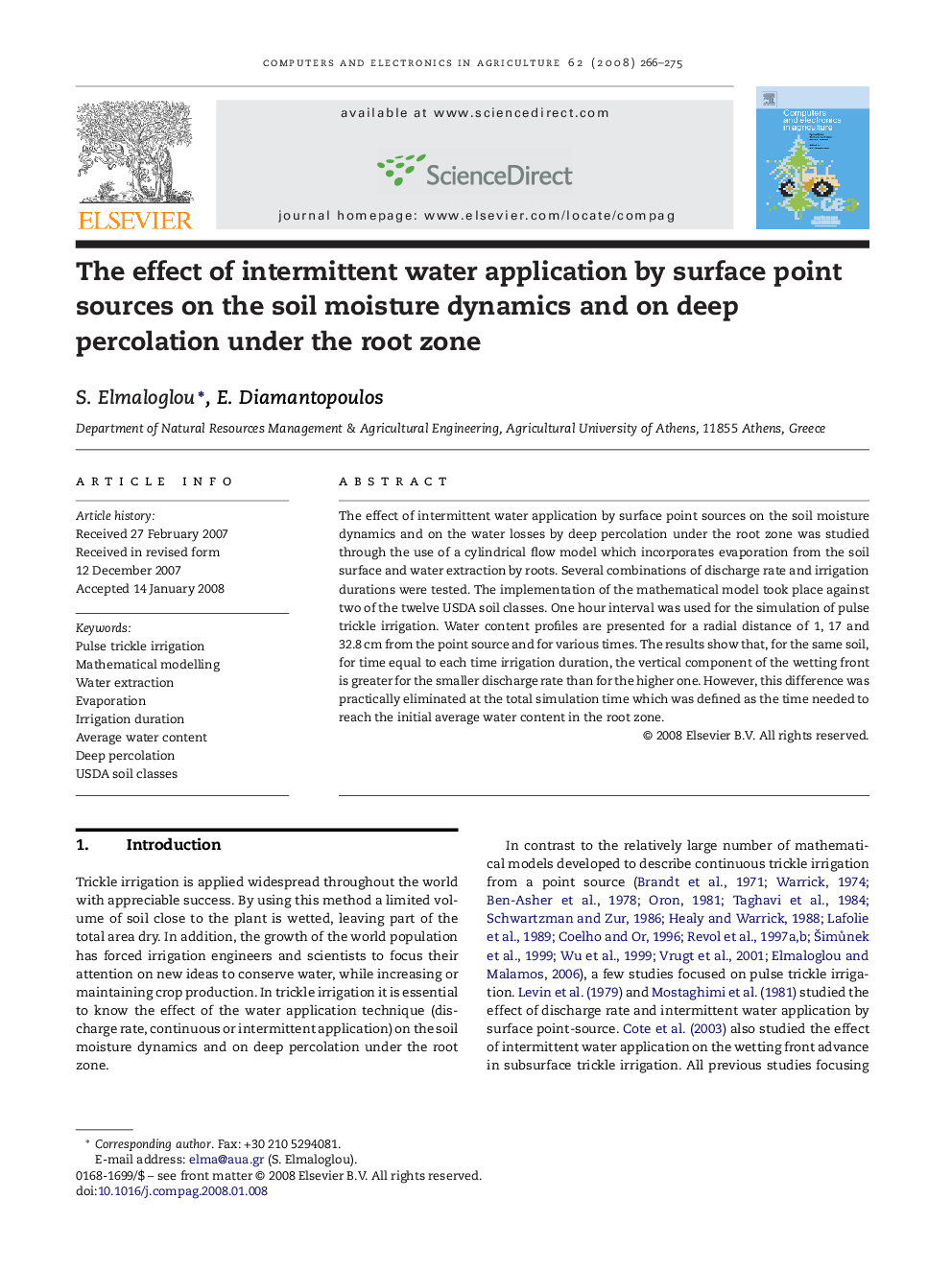 The effect of intermittent water application by surface point sources on the soil moisture dynamics and on deep percolation under the root zone