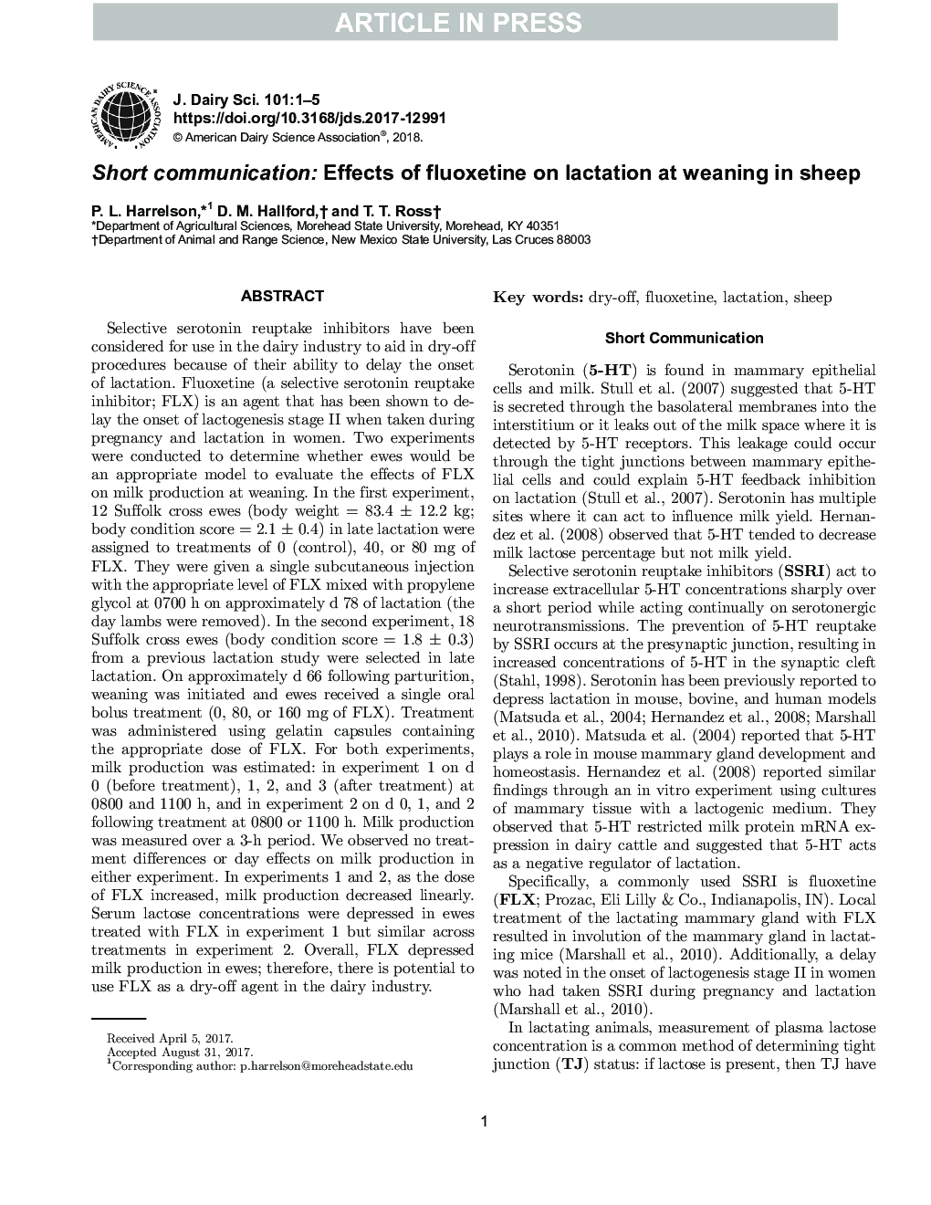 Short communication: Effects of fluoxetine on lactation at weaning in sheep