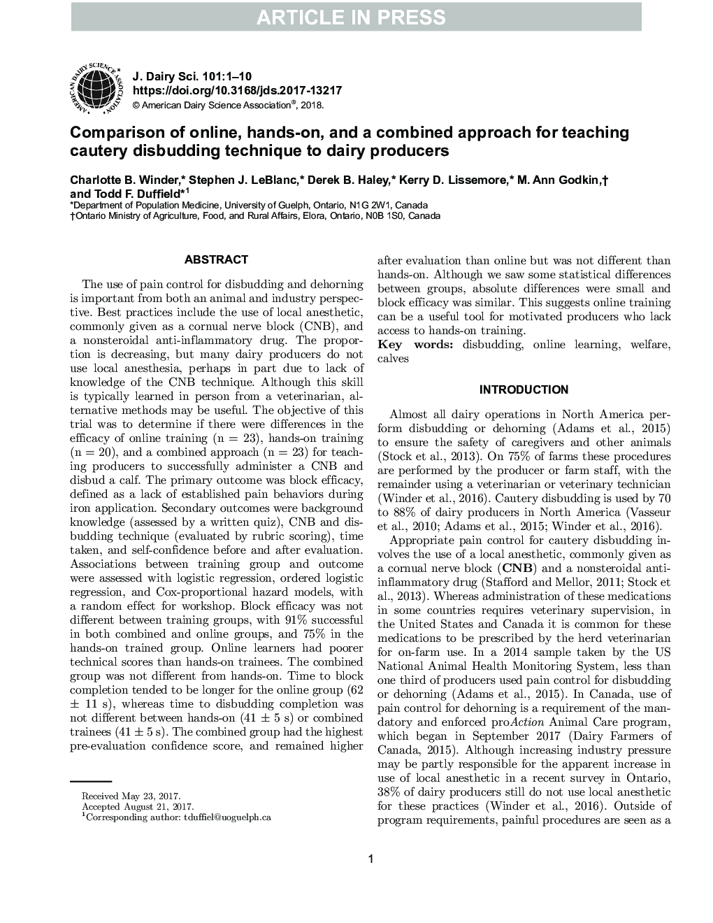 Comparison of online, hands-on, and a combined approach for teaching cautery disbudding technique to dairy producers