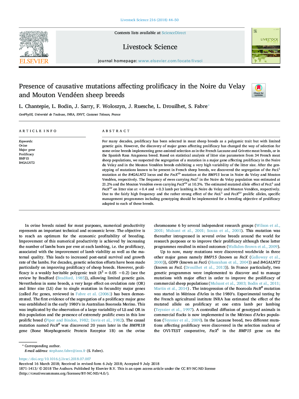 Presence of causative mutations affecting prolificacy in the Noire du Velay and Mouton Vendéen sheep breeds