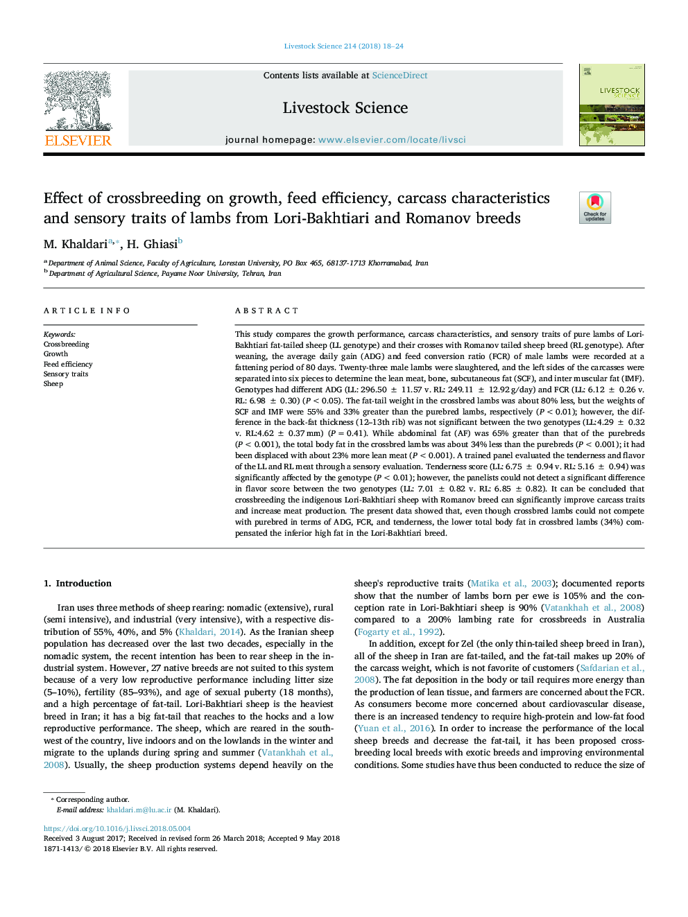 Effect of crossbreeding on growth, feed efficiency, carcass characteristics and sensory traits of lambs from Lori-Bakhtiari and Romanov breeds