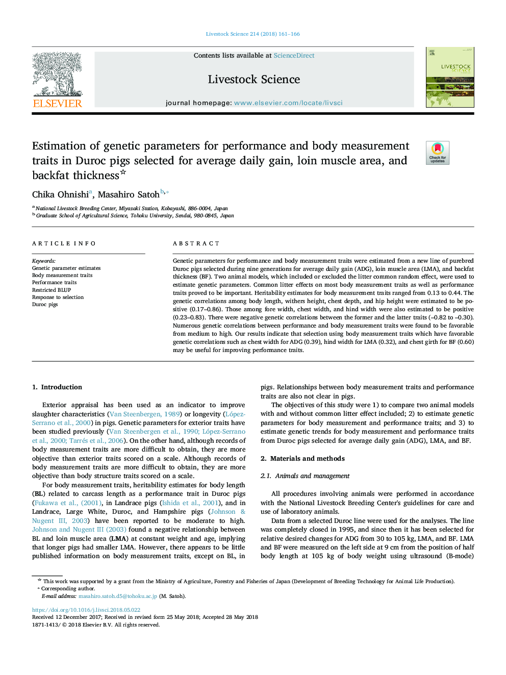 Estimation of genetic parameters for performance and body measurement traits in Duroc pigs selected for average daily gain, loin muscle area, and backfat thickness