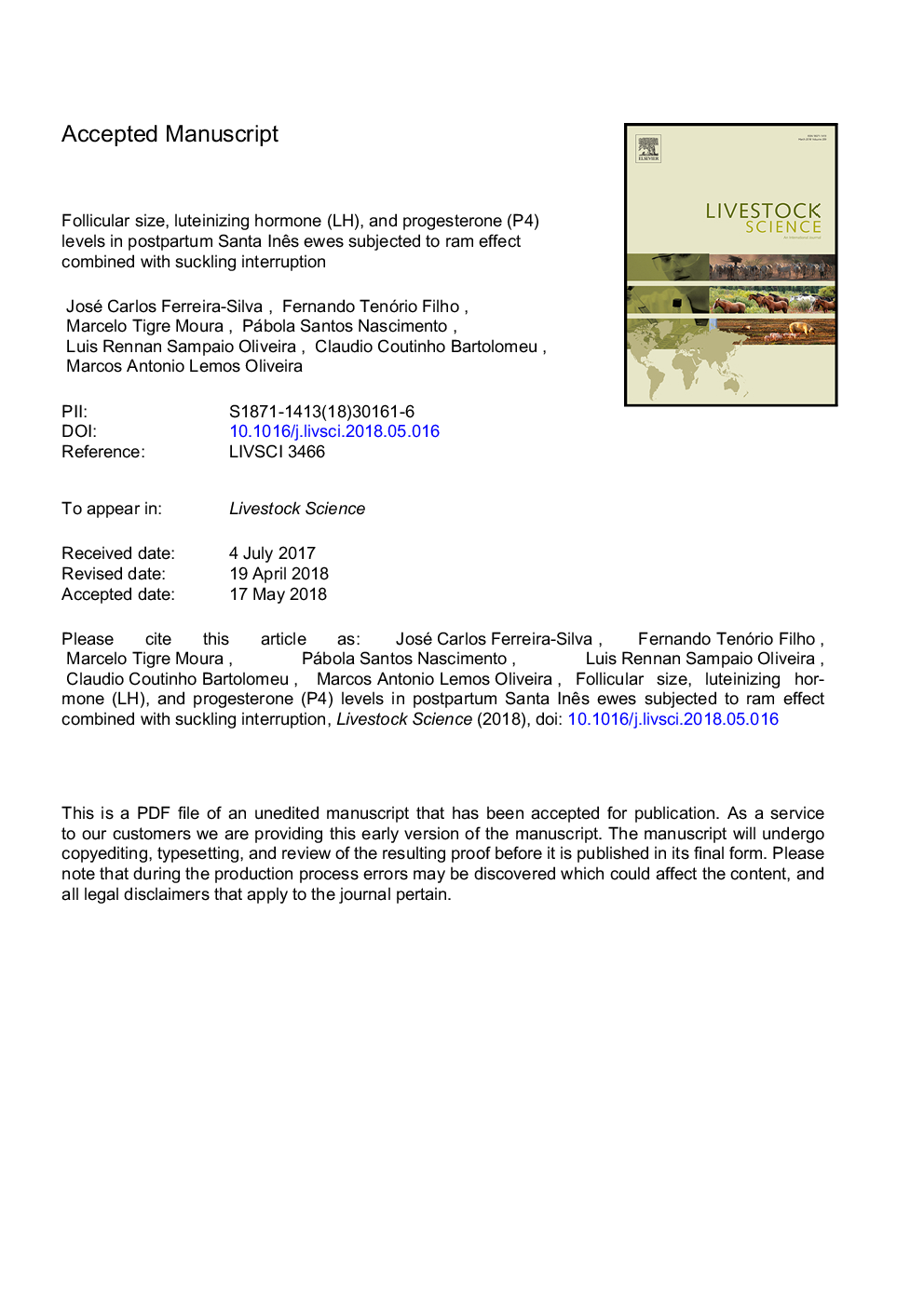 Follicular size, luteinizing hormone (LH), and progesterone (P4) levels in postpartum Santa InÃªs ewes subjected to ram effect combined with suckling interruption