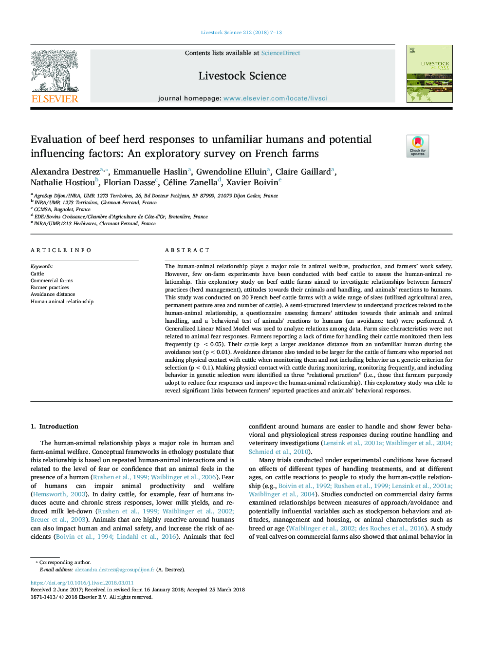 Evaluation of beef herd responses to unfamiliar humans and potential influencing factors: An exploratory survey on French farms