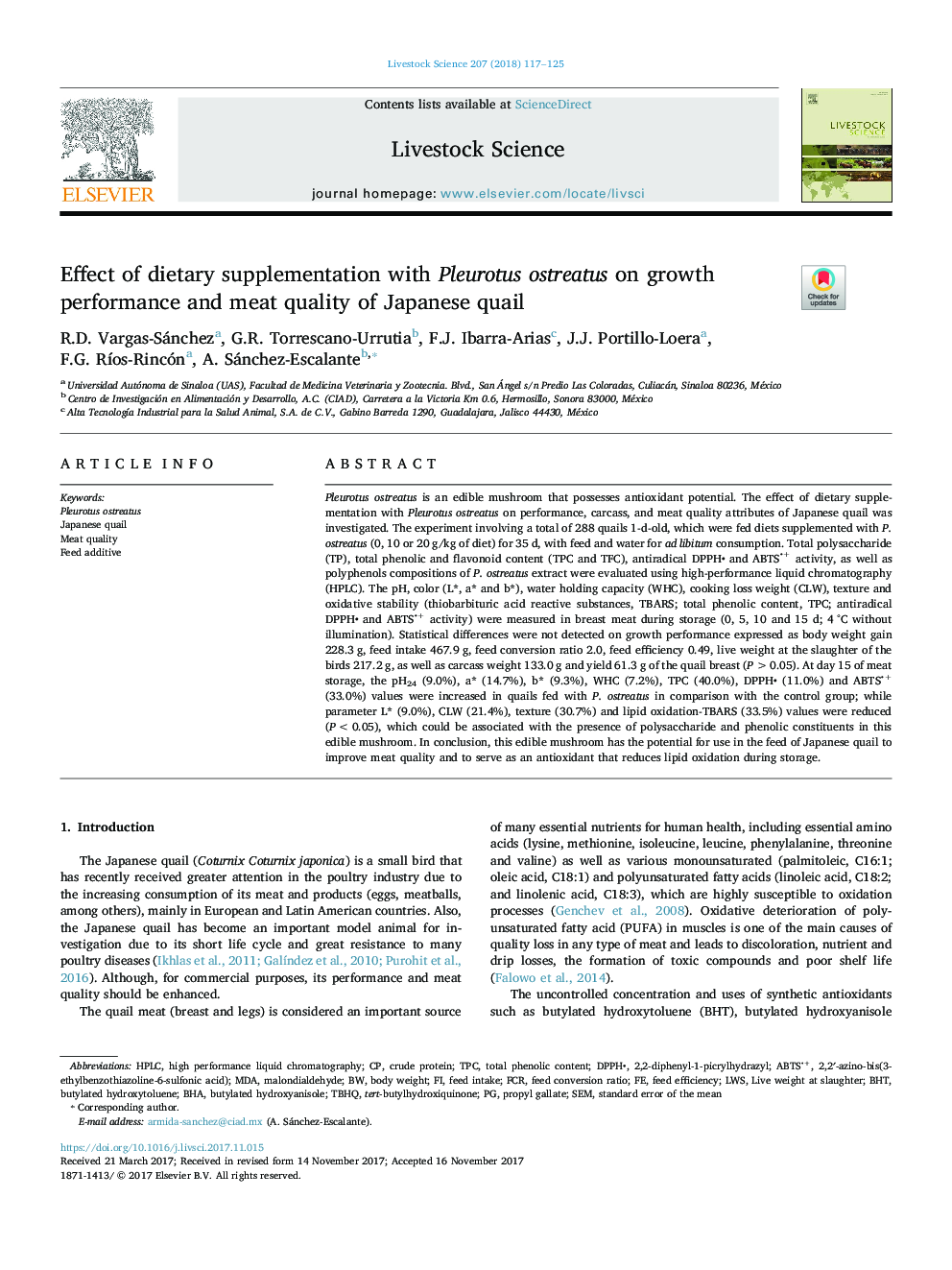 Effect of dietary supplementation with Pleurotus ostreatus on growth performance and meat quality of Japanese quail