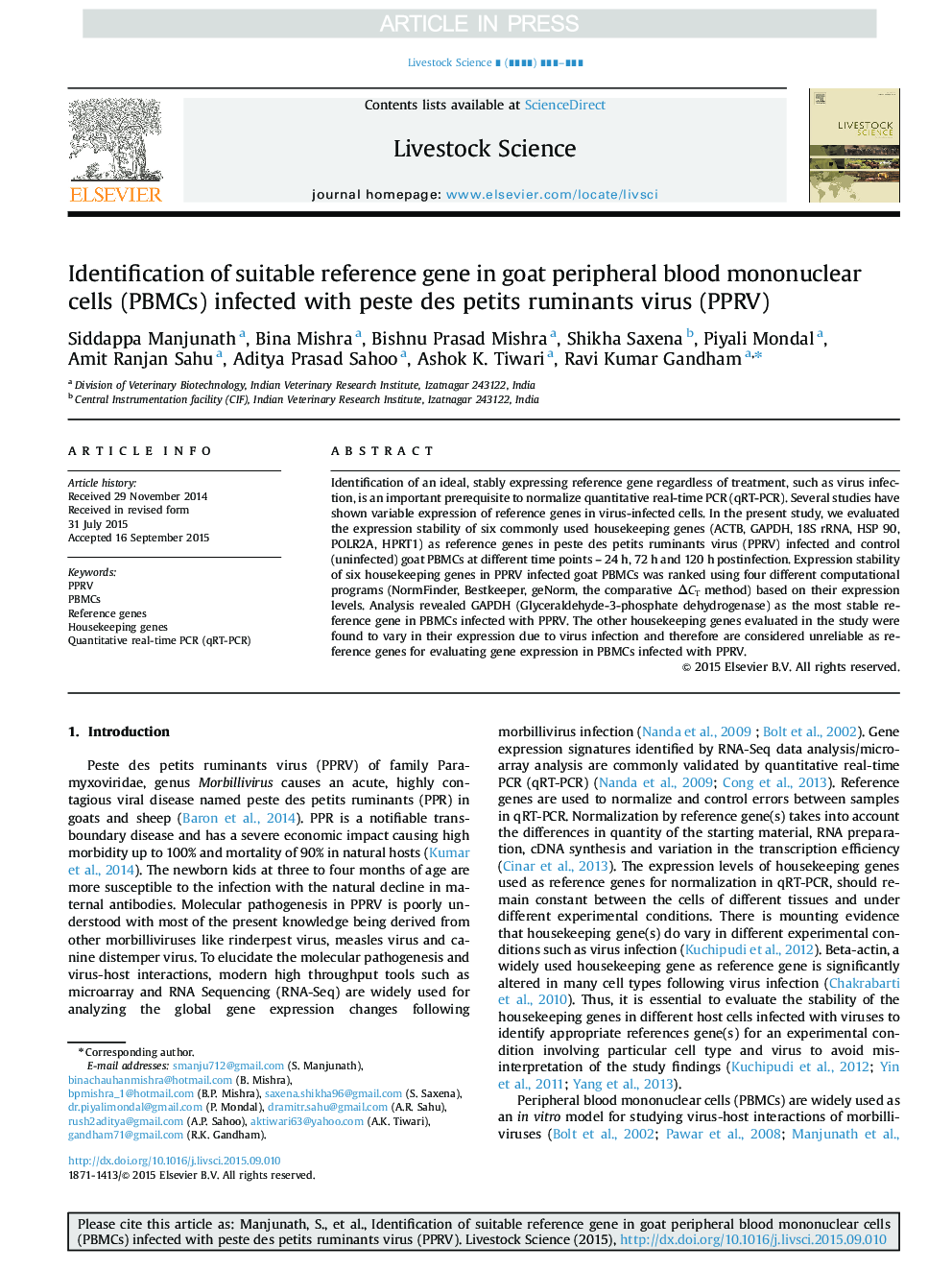 Identification of suitable reference gene in goat peripheral blood mononuclear cells (PBMCs) infected with peste des petits ruminants virus (PPRV)