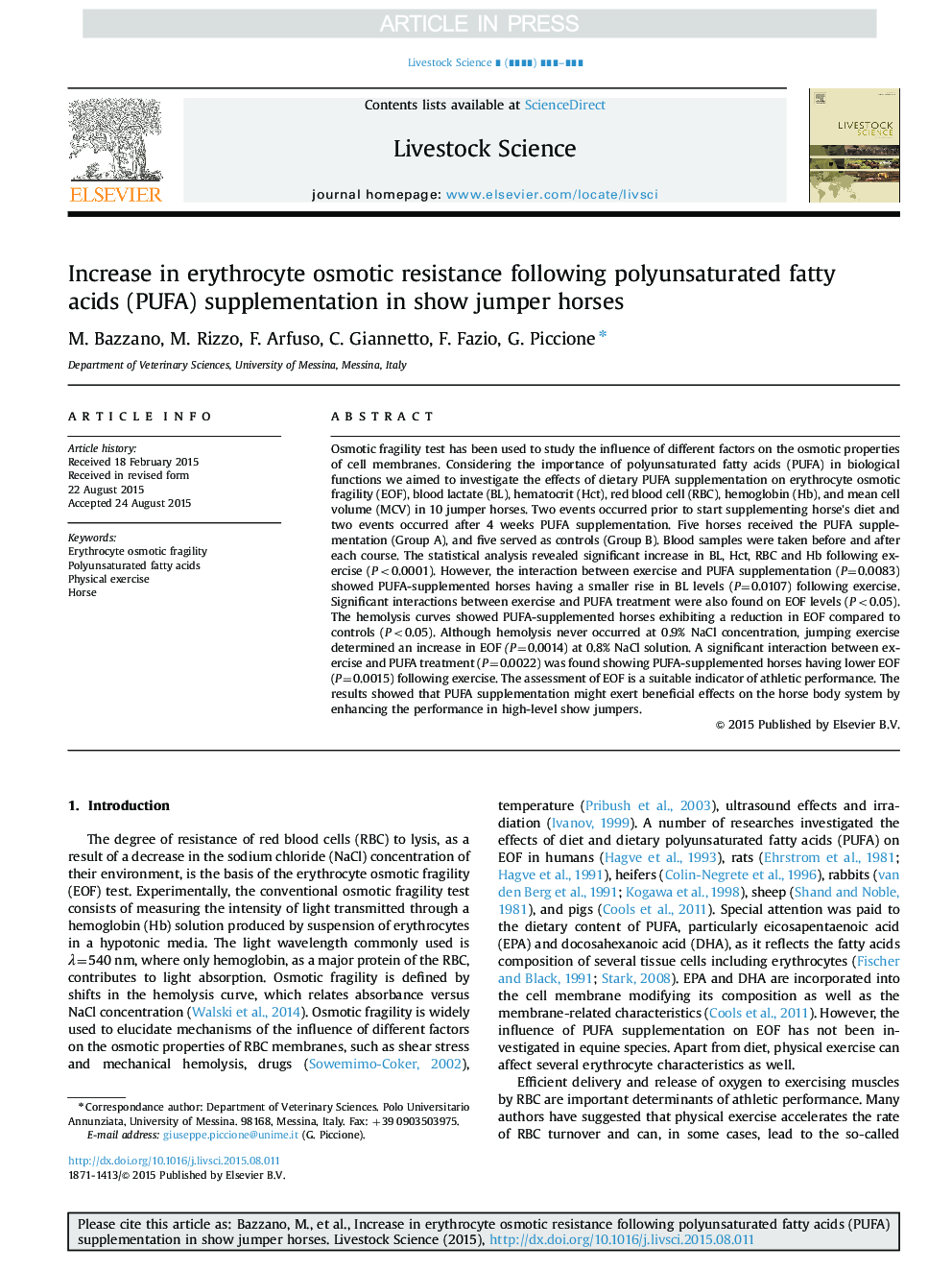 Increase in erythrocyte osmotic resistance following polyunsaturated fatty acids (PUFA) supplementation in show jumper horses