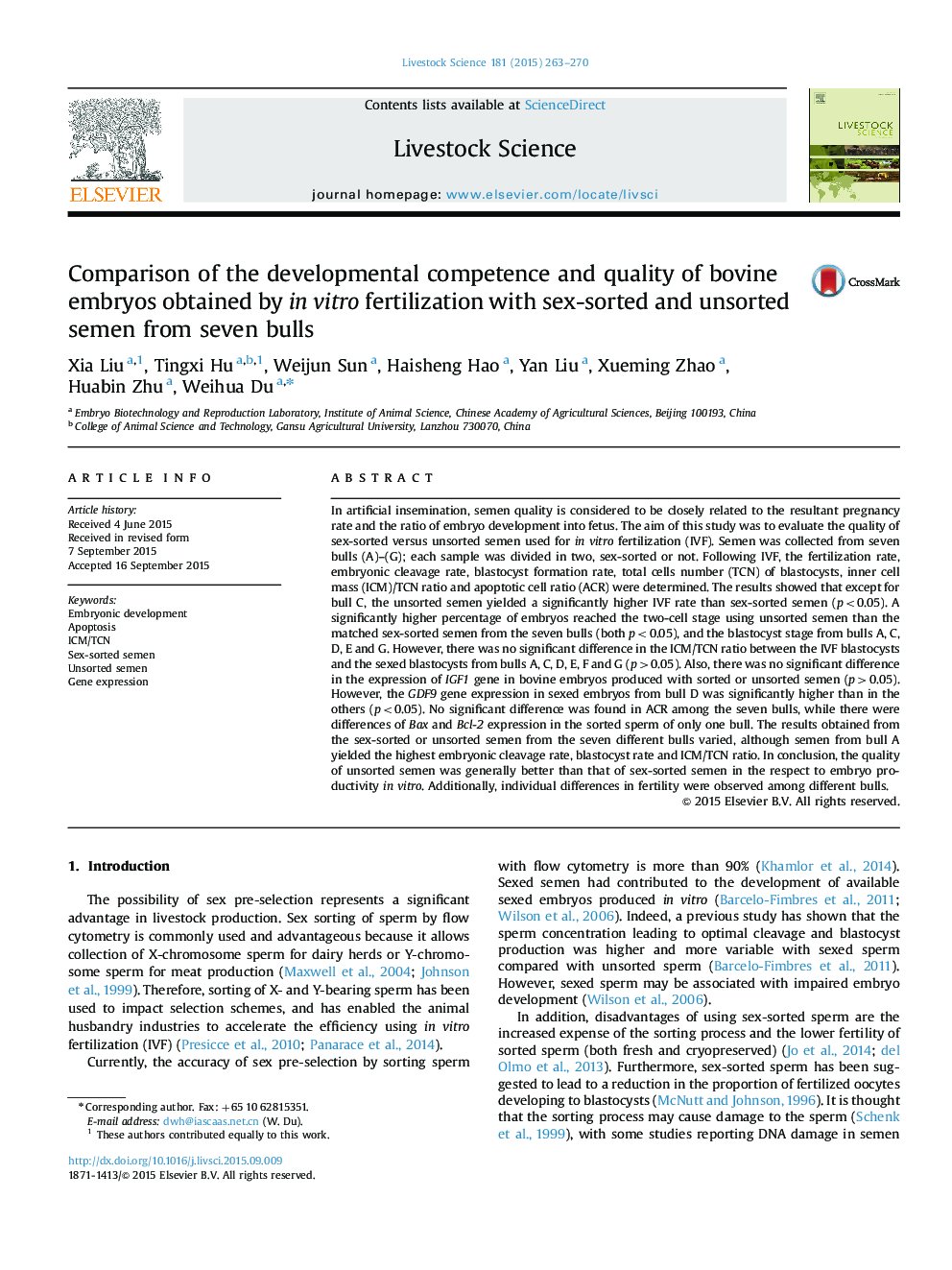 Comparison of the developmental competence and quality of bovine embryos obtained by in vitro fertilization with sex-sorted and unsorted semen from seven bulls