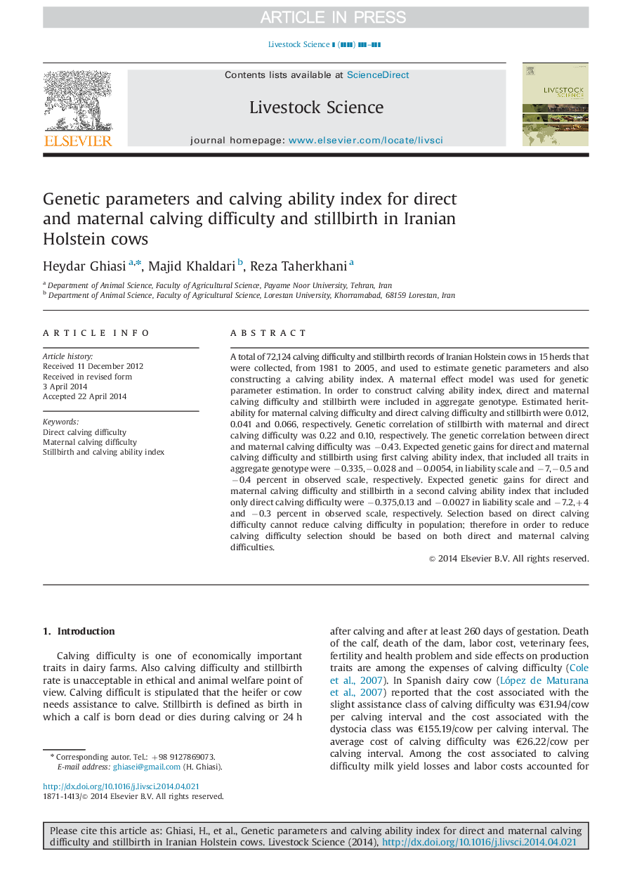 Genetic parameters and calving ability index for direct and maternal calving difficulty and stillbirth in Iranian Holstein cows