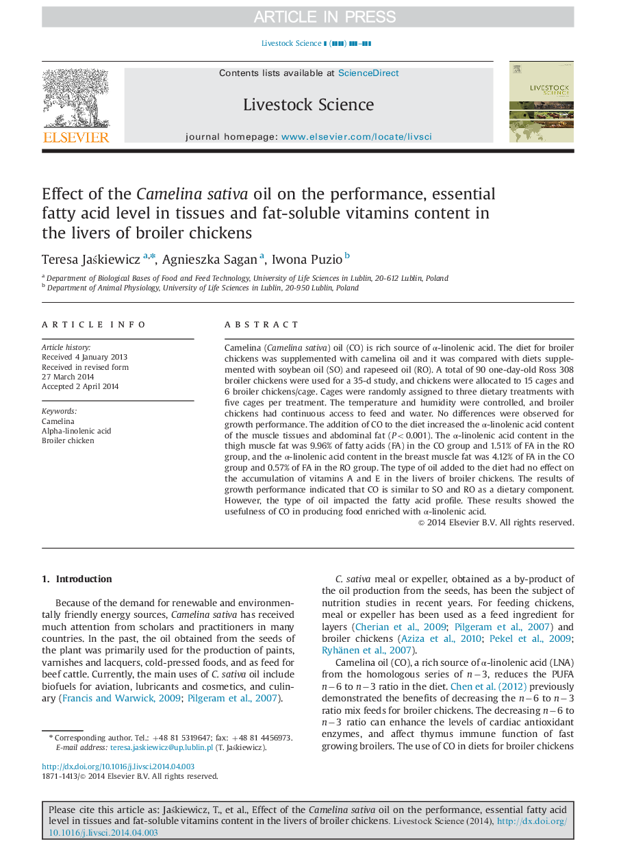 Effect of the Camelina sativa oil on the performance, essential fatty acid level in tissues and fat-soluble vitamins content in the livers of broiler chickens