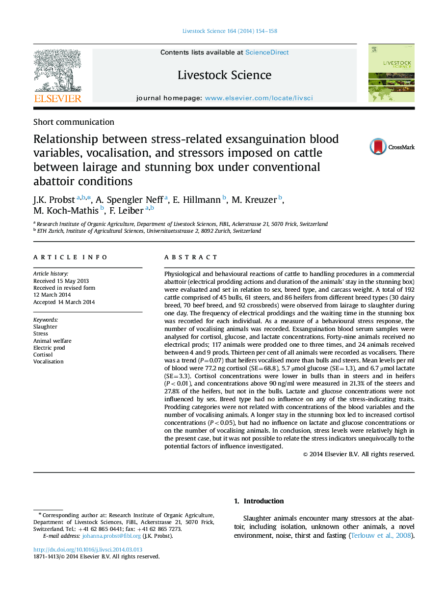 Relationship between stress-related exsanguination blood variables, vocalisation, and stressors imposed on cattle between lairage and stunning box under conventional abattoir conditions