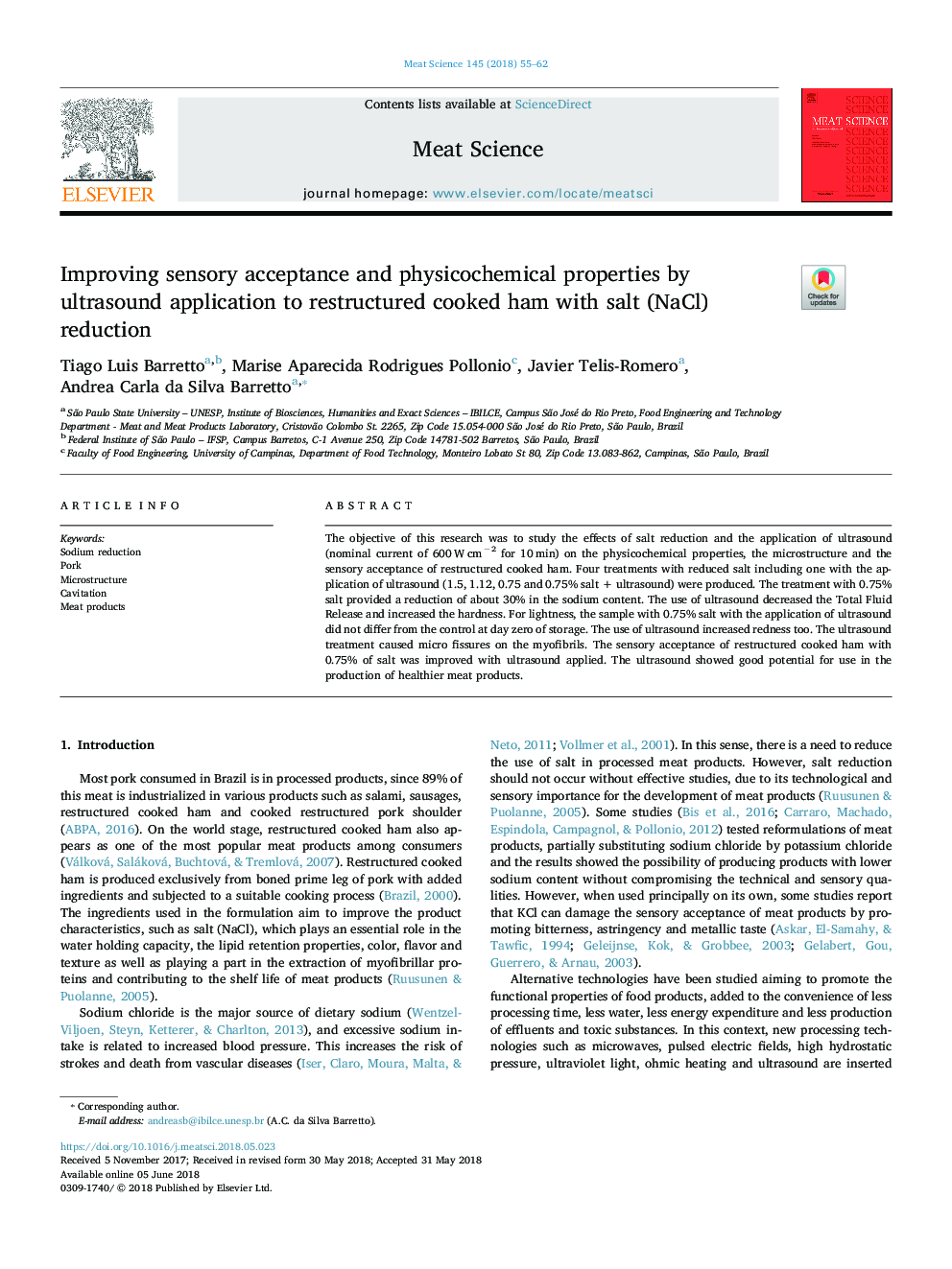 Improving sensory acceptance and physicochemical properties by ultrasound application to restructured cooked ham with salt (NaCl) reduction