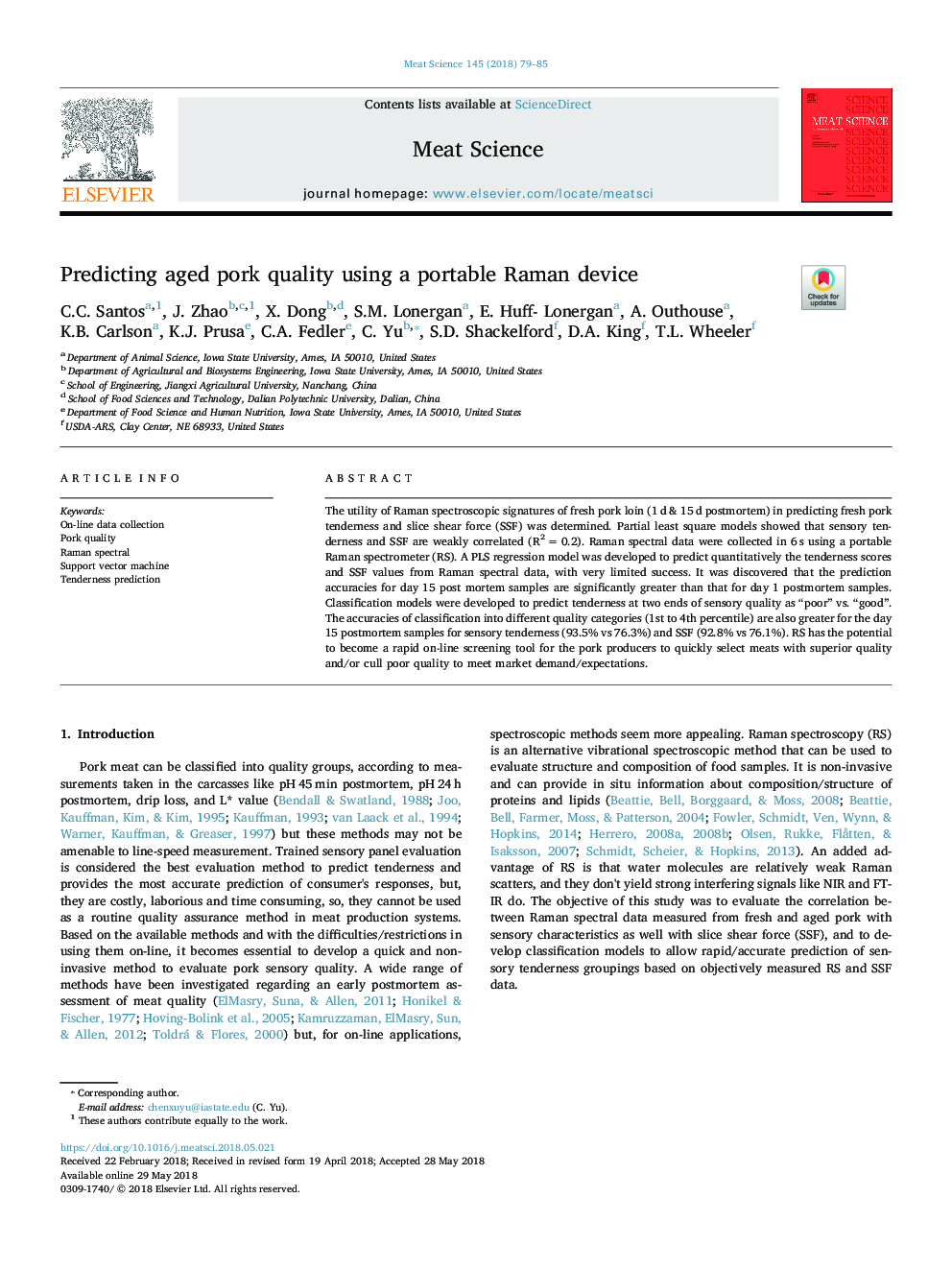 Predicting aged pork quality using a portable Raman device