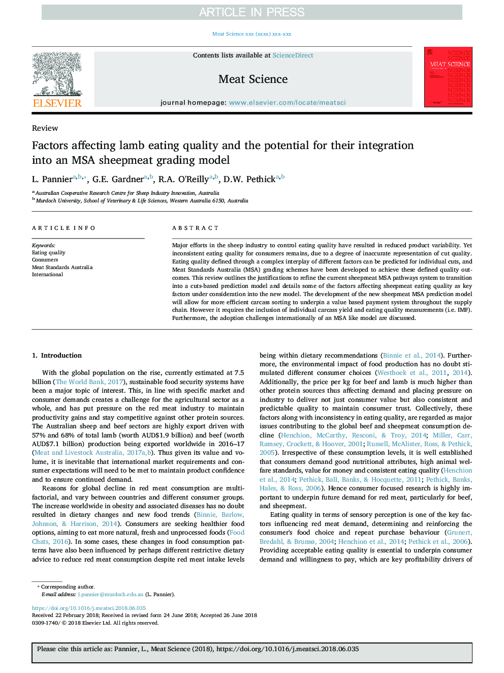 Factors affecting lamb eating quality and the potential for their integration into an MSA sheepmeat grading model