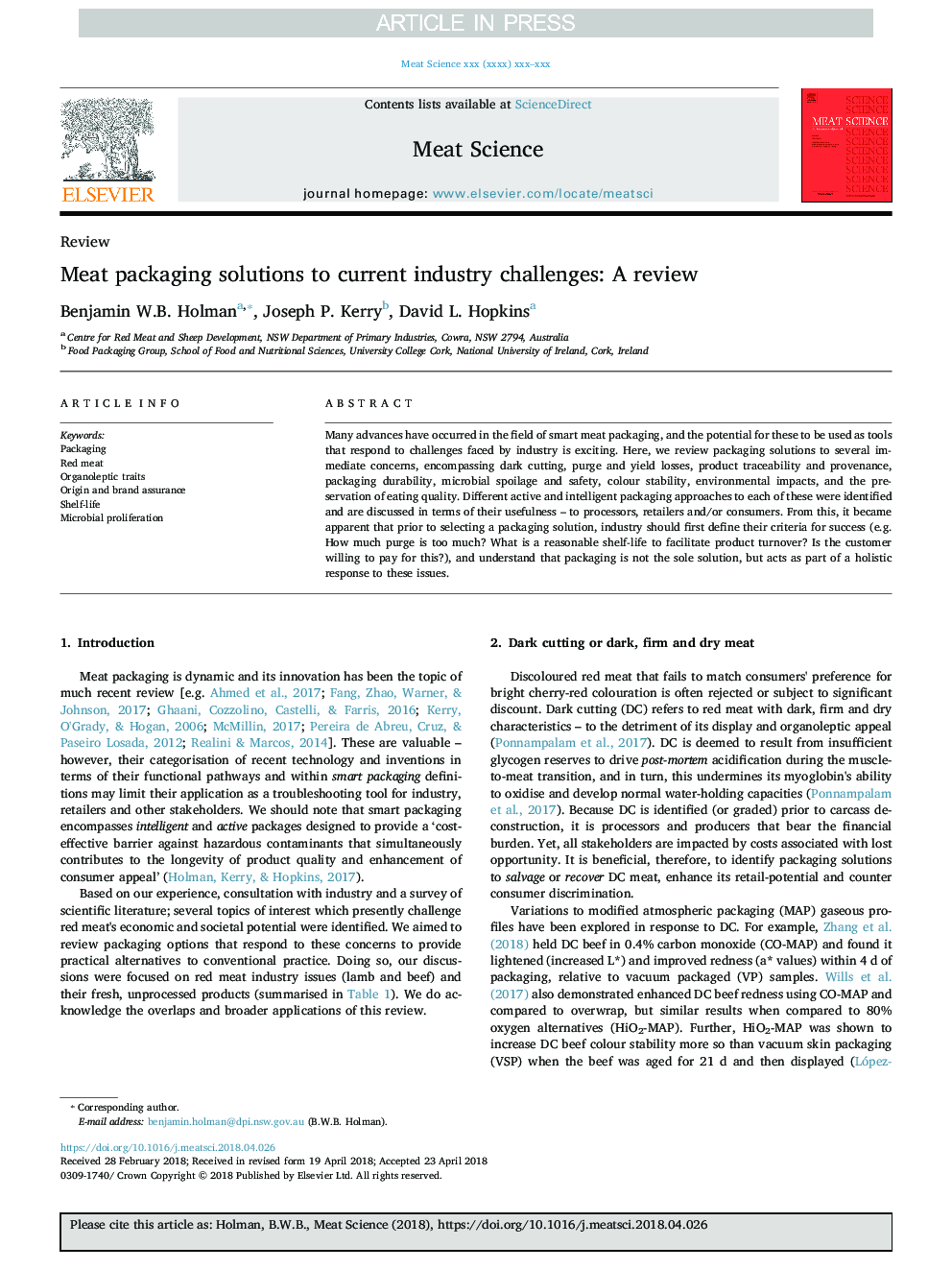 Meat packaging solutions to current industry challenges: A review