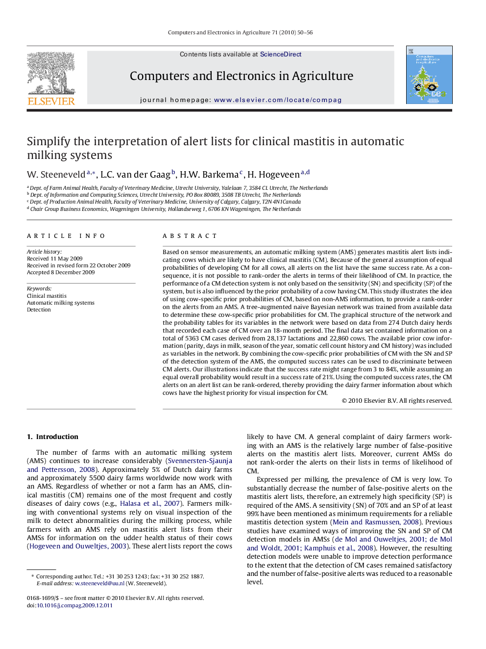 Simplify the interpretation of alert lists for clinical mastitis in automatic milking systems