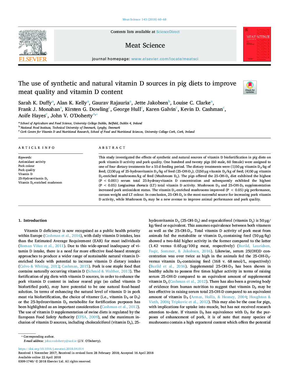 The use of synthetic and natural vitamin D sources in pig diets to improve meat quality and vitamin D content