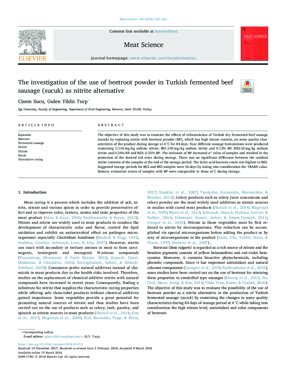 The investigation of the use of beetroot powder in Turkish fermented beef sausage (sucuk) as nitrite alternative