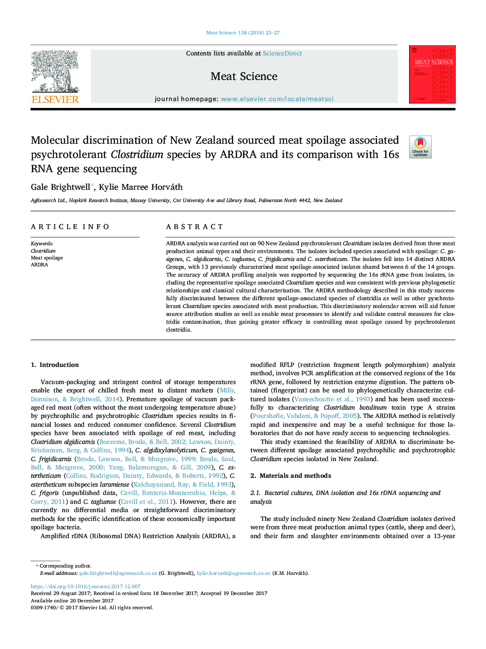 Molecular discrimination of New Zealand sourced meat spoilage associated psychrotolerant Clostridium species by ARDRA and its comparison with 16s RNA gene sequencing