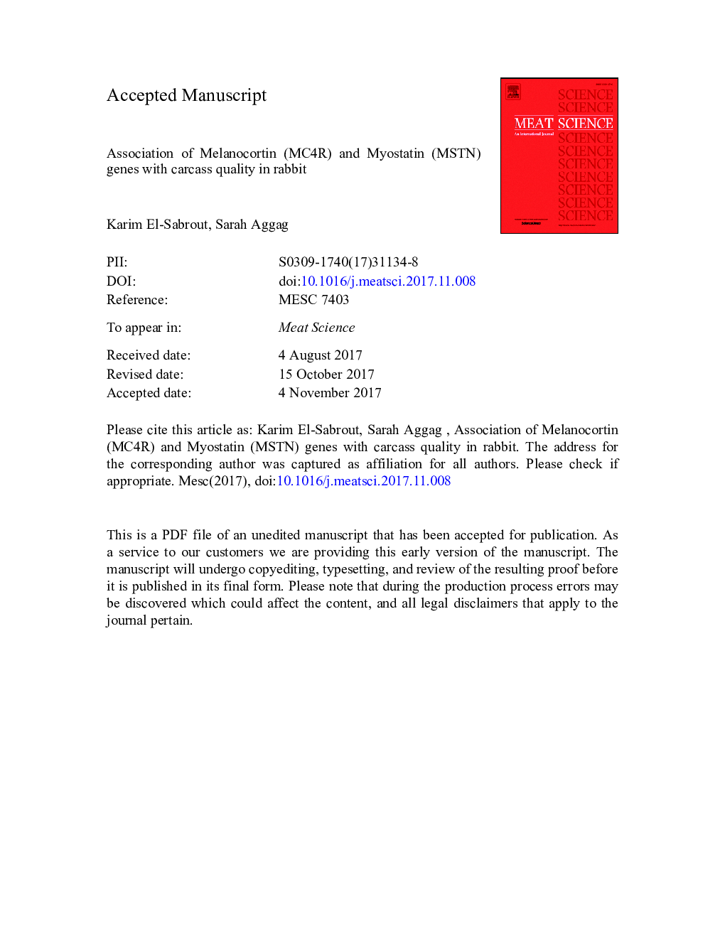 Association of Melanocortin (MC4R) and Myostatin (MSTN) genes with carcass quality in rabbit