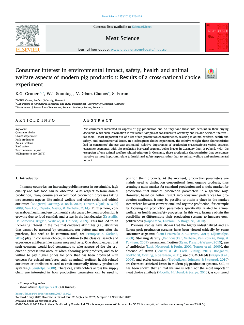 Consumer interest in environmental impact, safety, health and animal welfare aspects of modern pig production: Results of a cross-national choice experiment