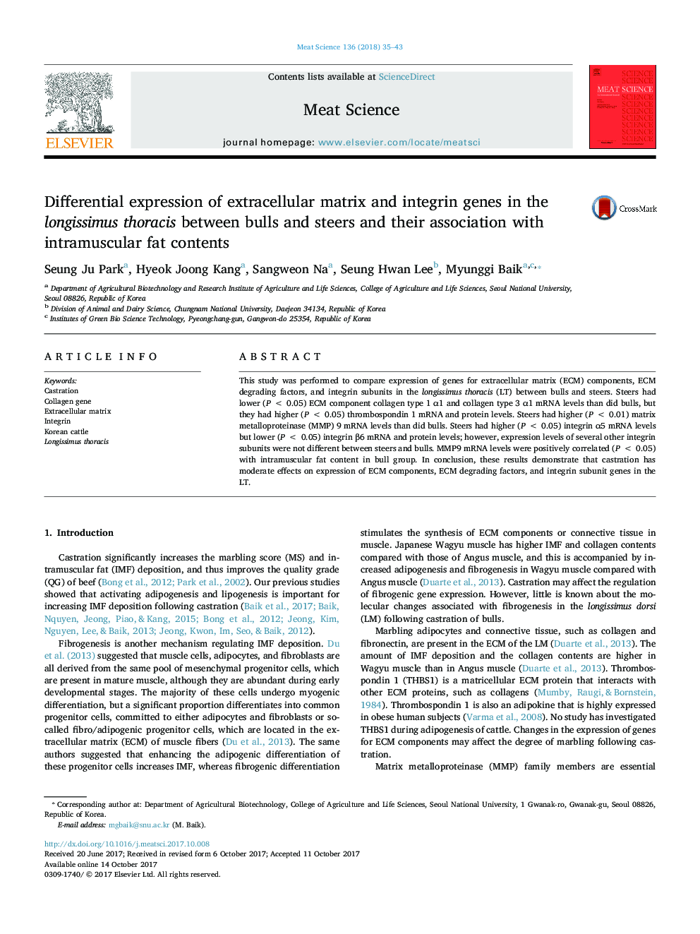 Differential expression of extracellular matrix and integrin genes in the longissimus thoracis between bulls and steers and their association with intramuscular fat contents