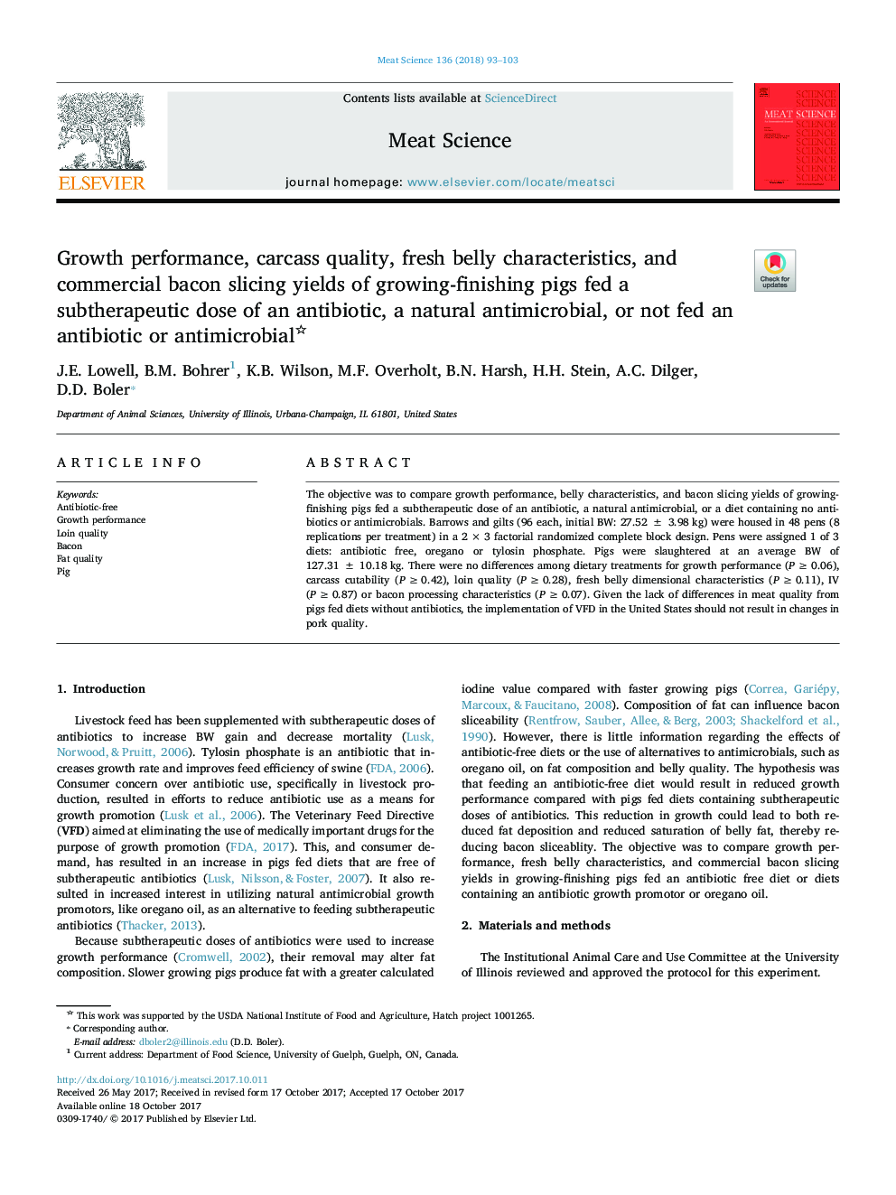 Growth performance, carcass quality, fresh belly characteristics, and commercial bacon slicing yields of growing-finishing pigs fed a subtherapeutic dose of an antibiotic, a natural antimicrobial, or not fed an antibiotic or antimicrobial