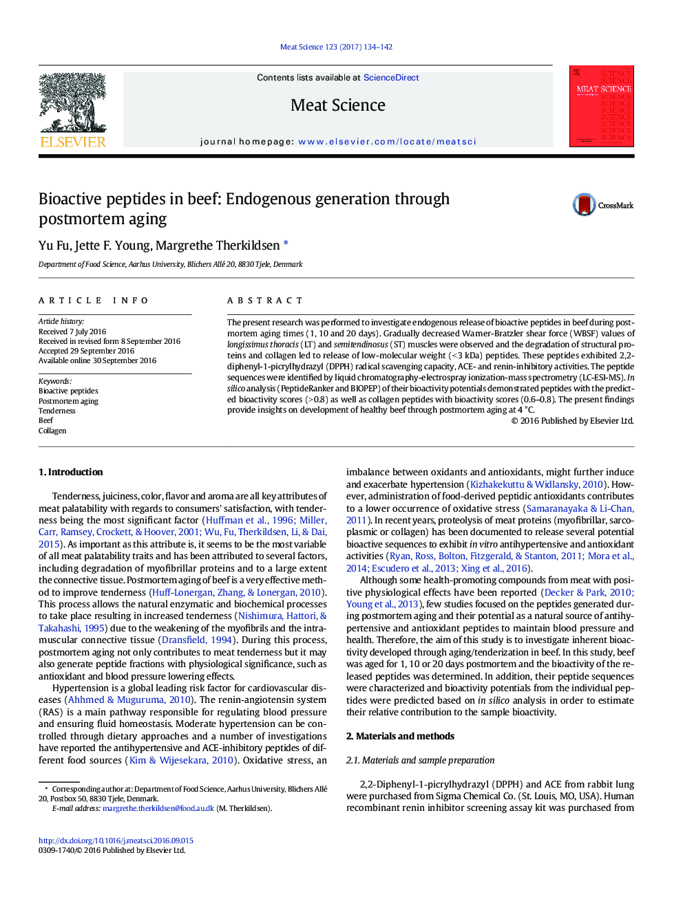 Bioactive peptides in beef: Endogenous generation through postmortem aging