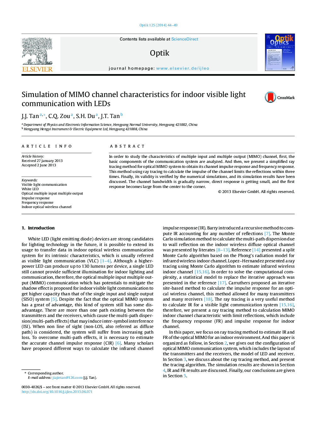 Simulation of MIMO channel characteristics for indoor visible light communication with LEDs