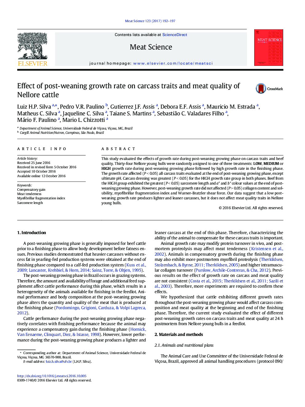 Effect of post-weaning growth rate on carcass traits and meat quality of Nellore cattle