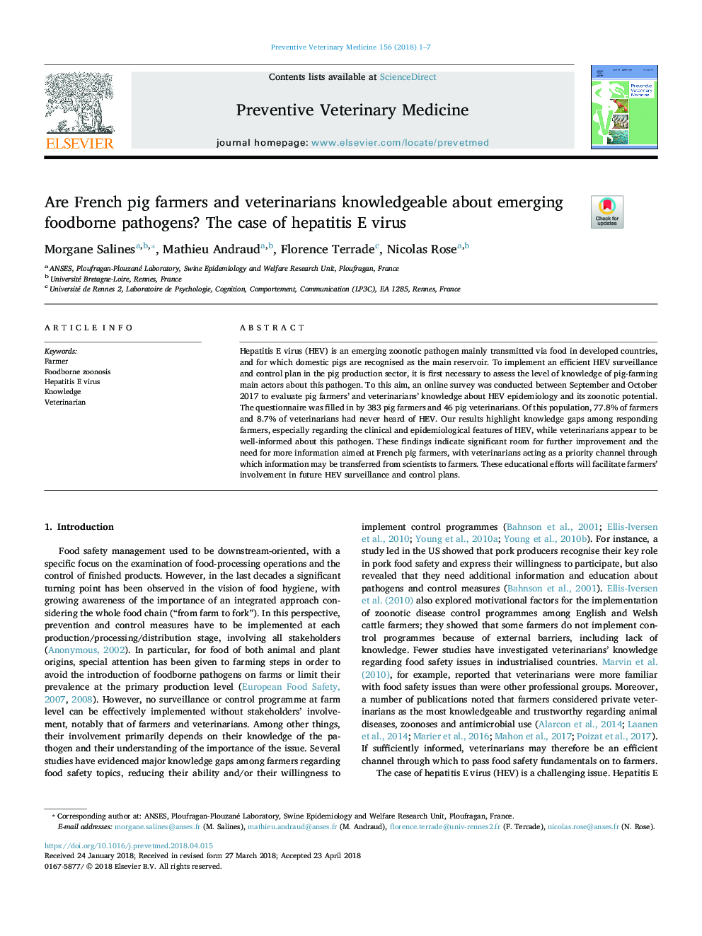 Are French pig farmers and veterinarians knowledgeable about emerging foodborne pathogens? The case of hepatitis E virus