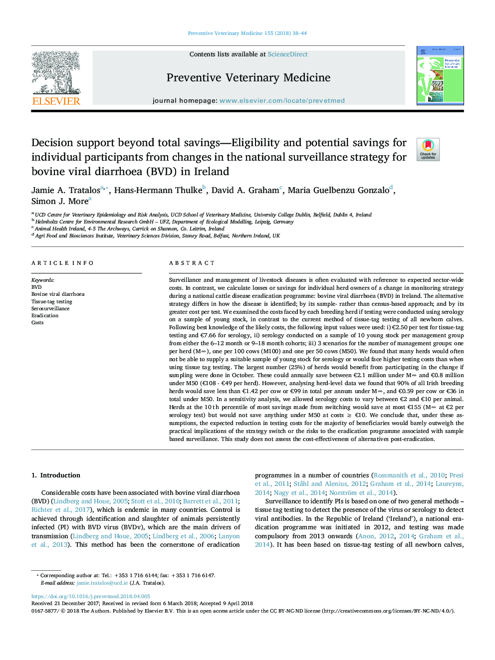 Decision support beyond total savings-Eligibility and potential savings for individual participants from changes in the national surveillance strategy for bovine viral diarrhoea (BVD) in Ireland