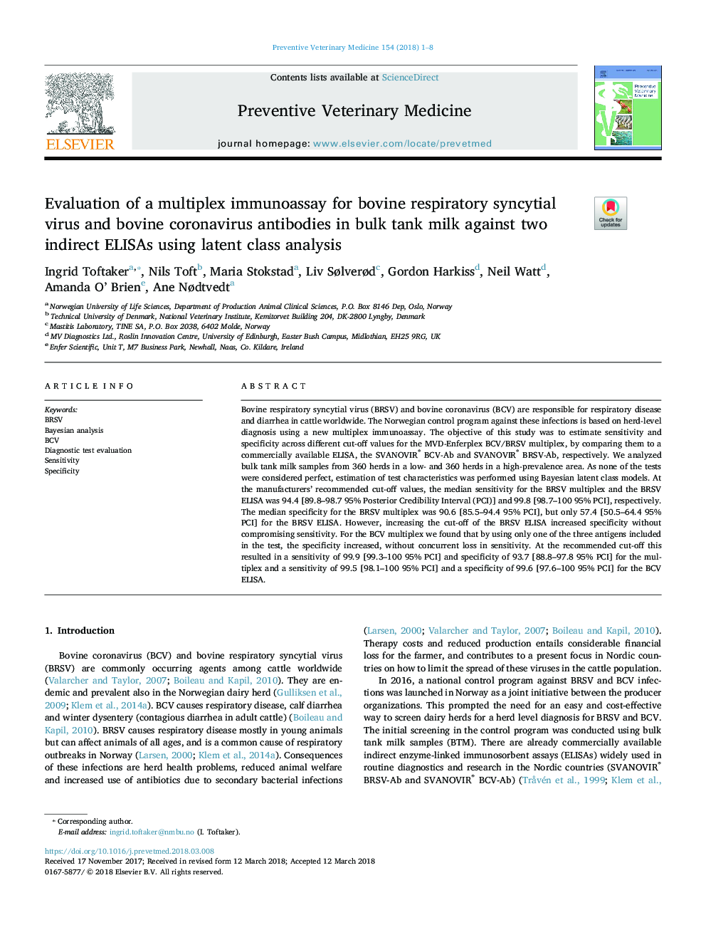 Evaluation of a multiplex immunoassay for bovine respiratory syncytial virus and bovine coronavirus antibodies in bulk tank milk against two indirect ELISAs using latent class analysis