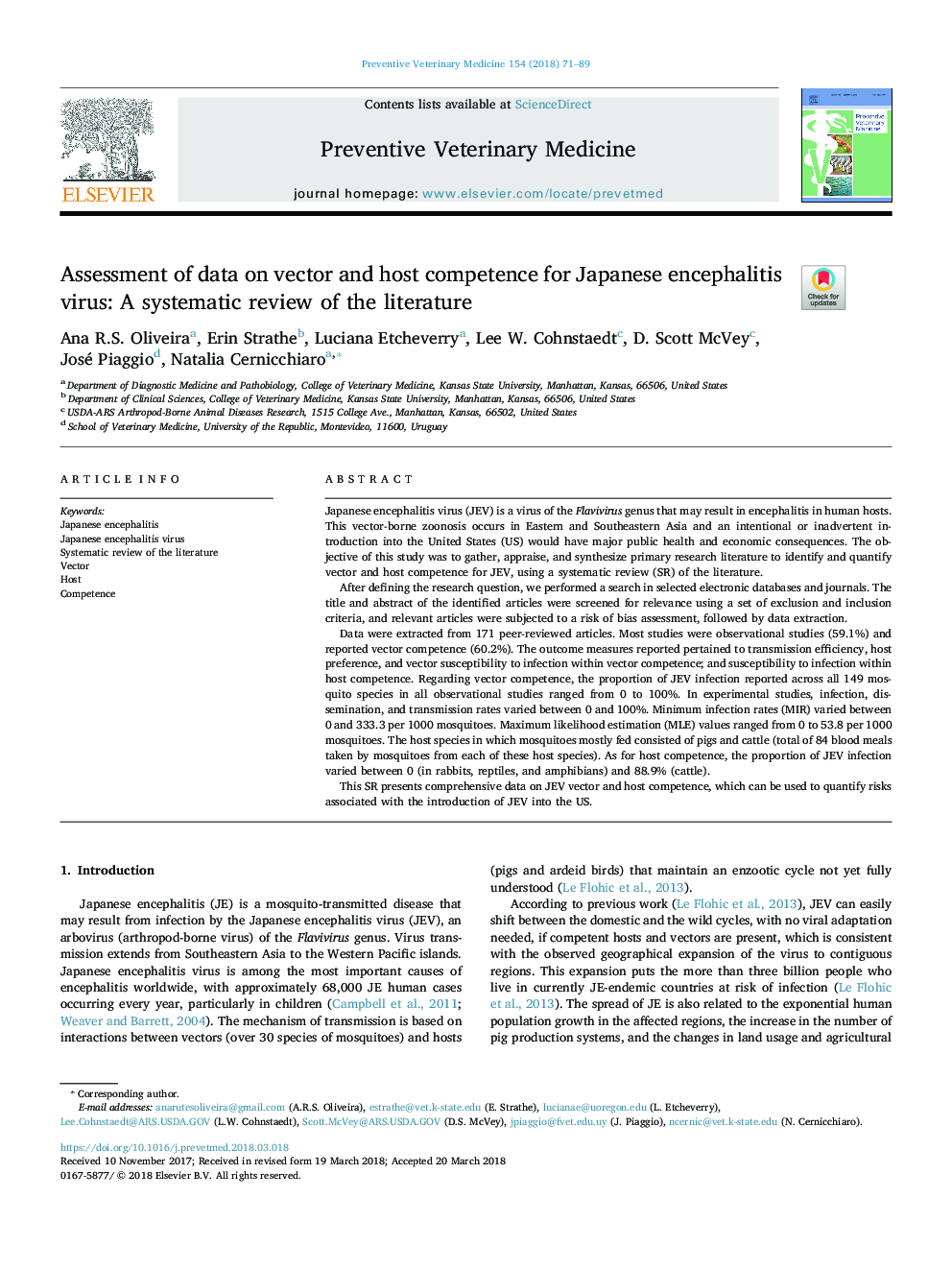 Assessment of data on vector and host competence for Japanese encephalitis virus: A systematic review of the literature