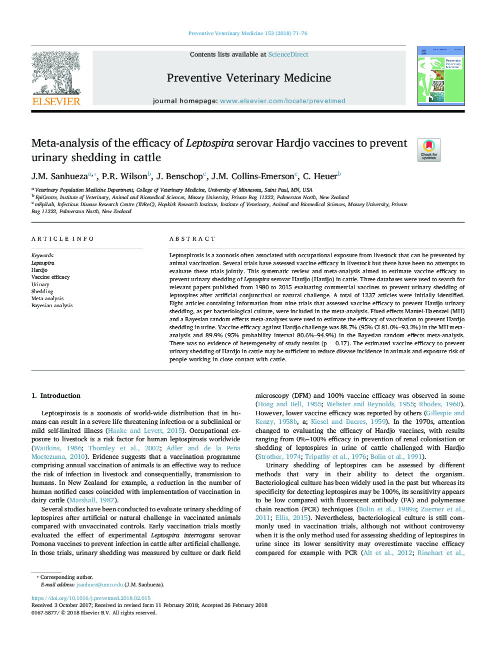 Meta-analysis of the efficacy of Leptospira serovar Hardjo vaccines to prevent urinary shedding in cattle