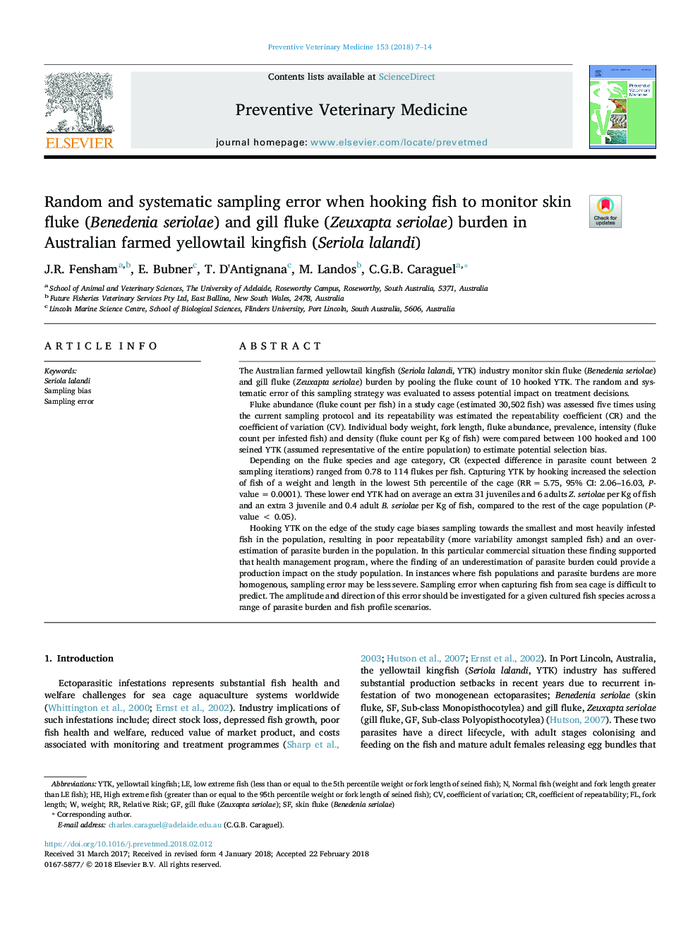 Random and systematic sampling error when hooking fish to monitor skin fluke (Benedenia seriolae) and gill fluke (Zeuxapta seriolae) burden in Australian farmed yellowtail kingfish (Seriola lalandi)