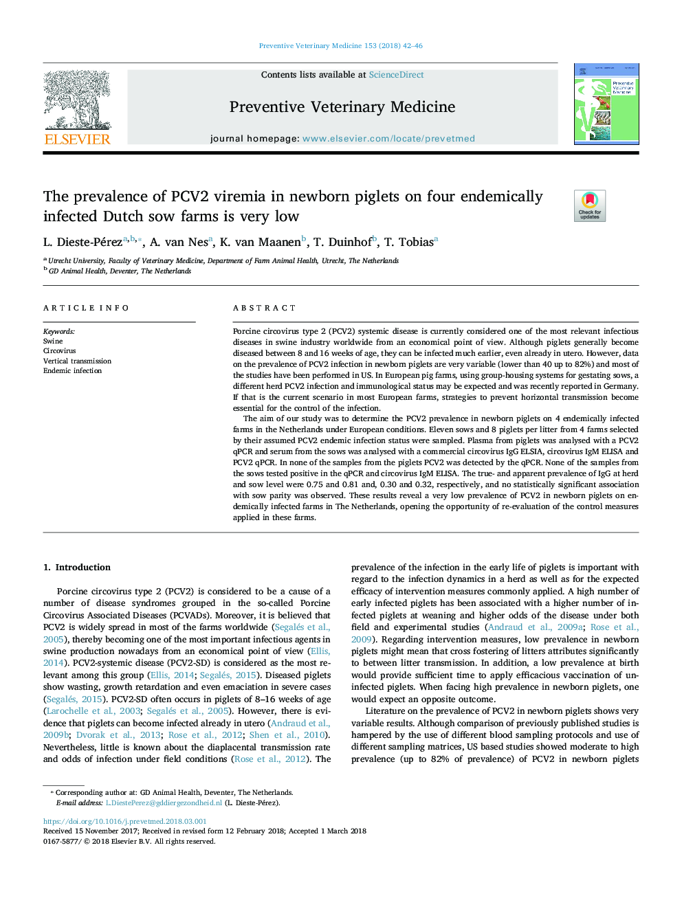 The prevalence of PCV2 viremia in newborn piglets on four endemically infected Dutch sow farms is very low